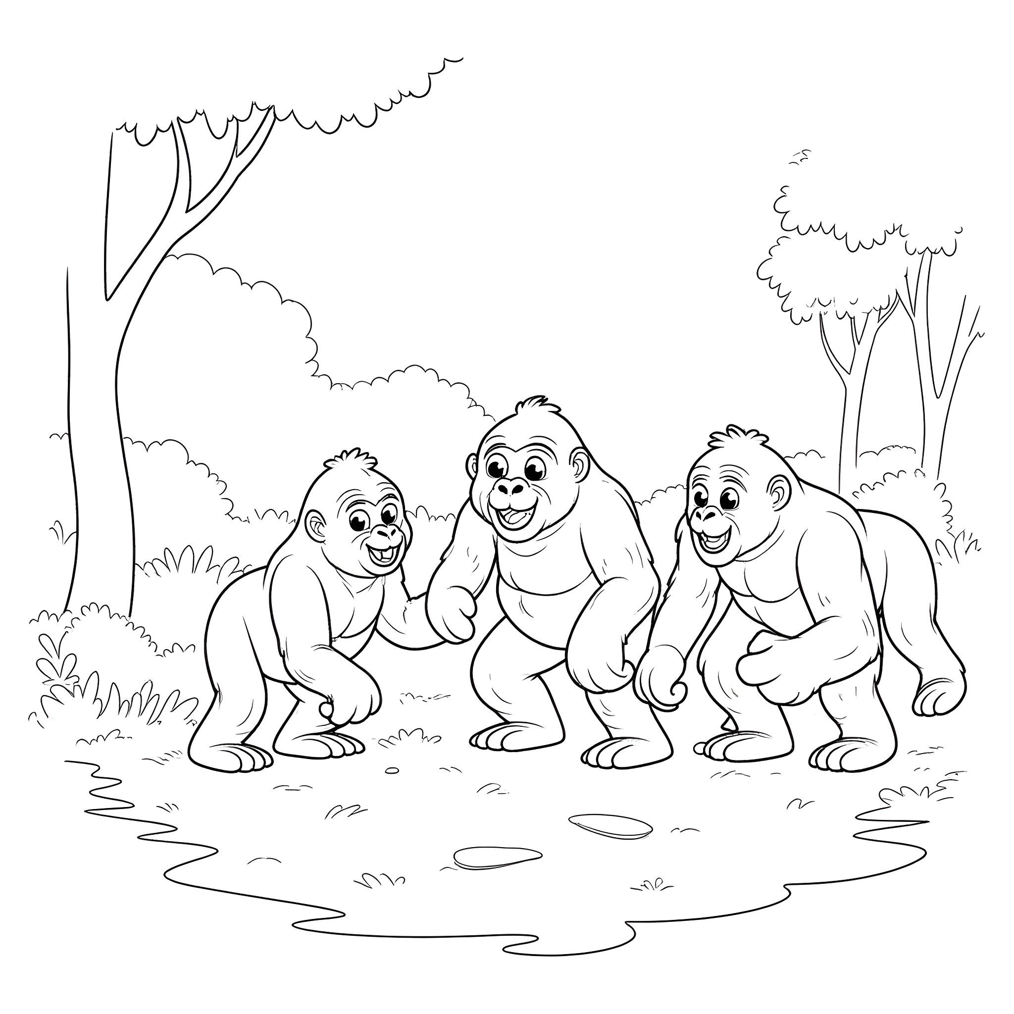 Gorillas playing happily in the forest Coloring Page (free black-and-white line drawing printable PDF for all, from beginners to advanced learners, including children, teens, adults, and seniors)