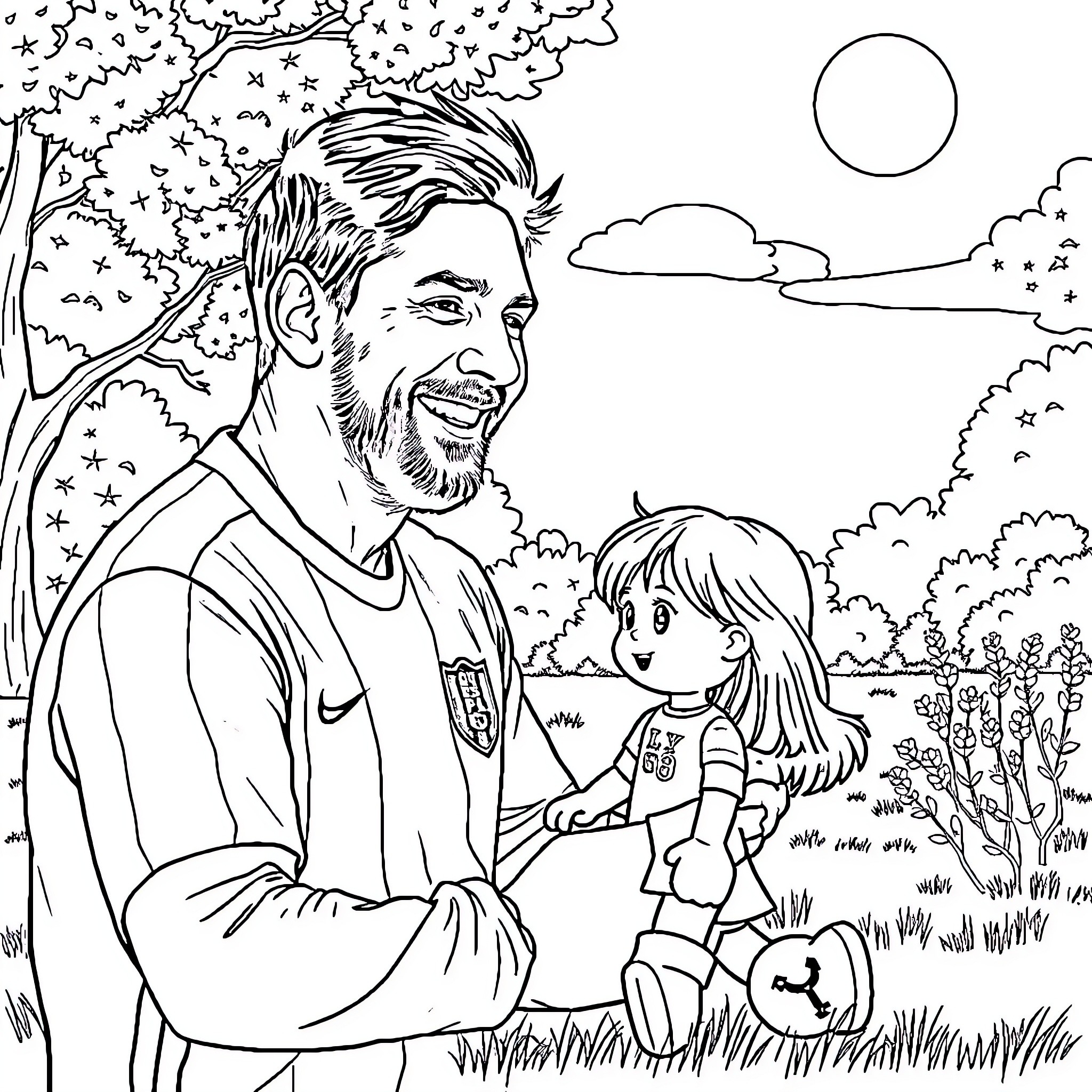 Lionel Messi playing with a young child in a park Coloring Page (free black-and-white line drawing printable PDF for all, from beginners to advanced learners, including children, teens, adults, and seniors)