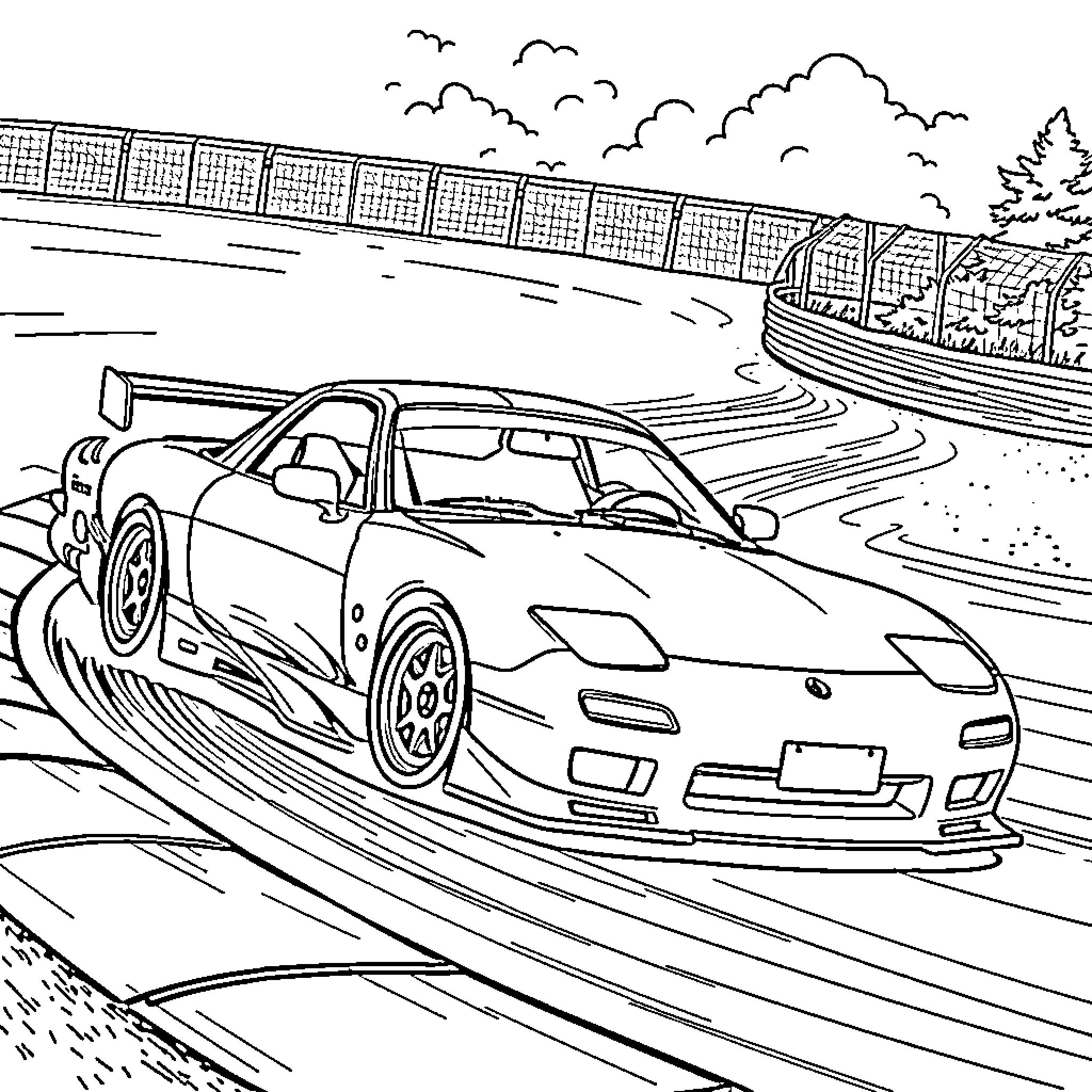Rx7 speeding on racetrack with scenic landscape Coloring Page (free black-and-white line drawing printable PDF for all, from beginners to advanced learners, including children, teens, adults, and seniors)