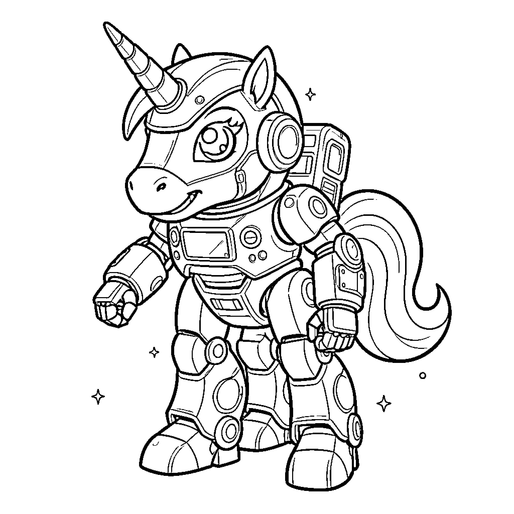 Unicorn wearing futuristic robotic armor and gear Coloring Page (free black-and-white line drawing printable PDF for all, from beginners to advanced learners, including children, teens, adults, and seniors)