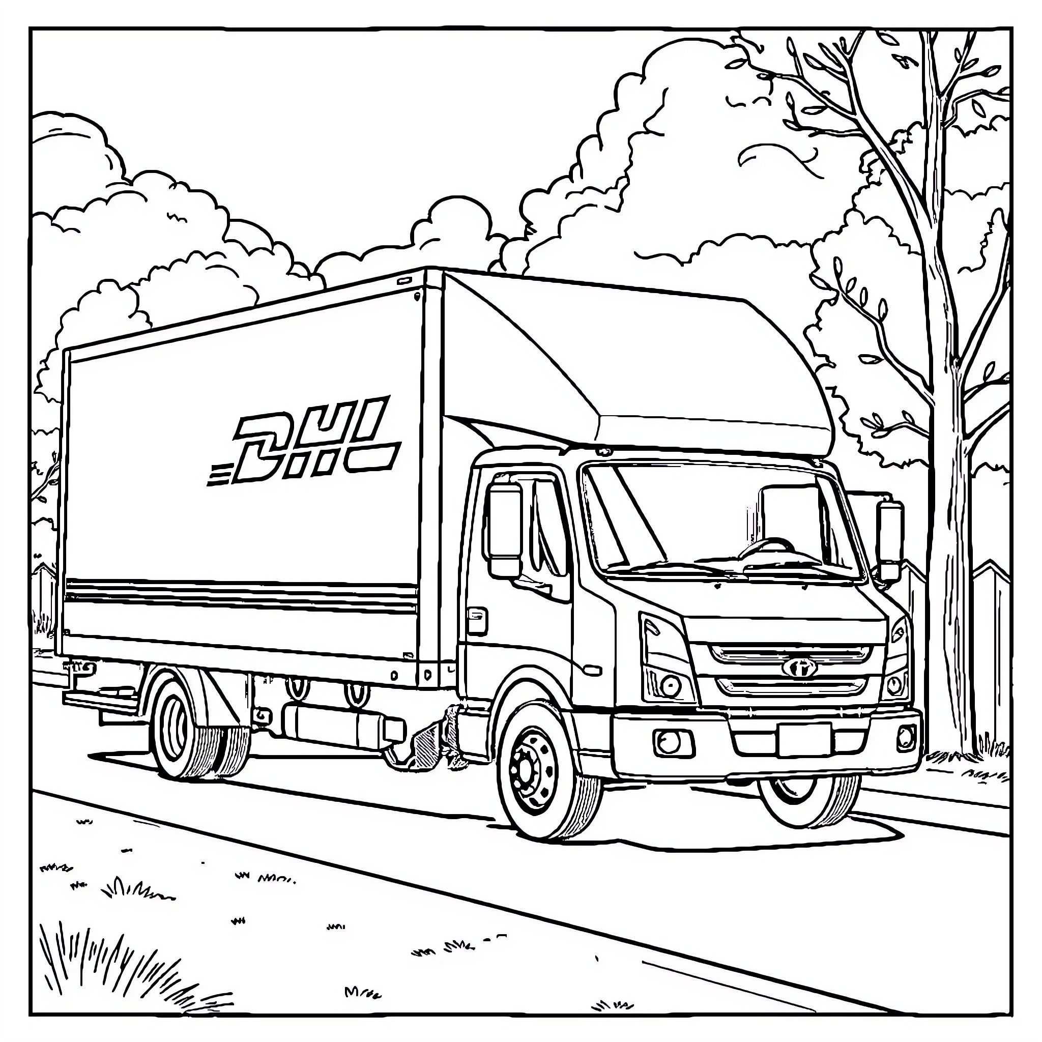 DHL Truck driving on a country road Coloring Page (free black-and-white line drawing printable PDF for all, from beginners to advanced learners, including children, teens, adults, and seniors)