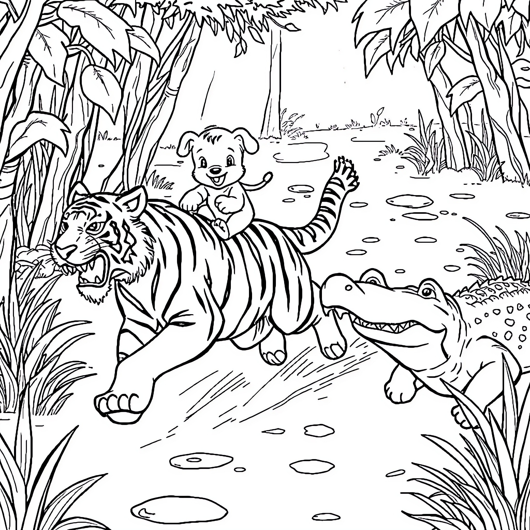 Puppy playing with wild animals in the jungle Coloring Page (free black-and-white line drawing printable PDF for all, from beginners to advanced learners, including children, teens, adults, and seniors)