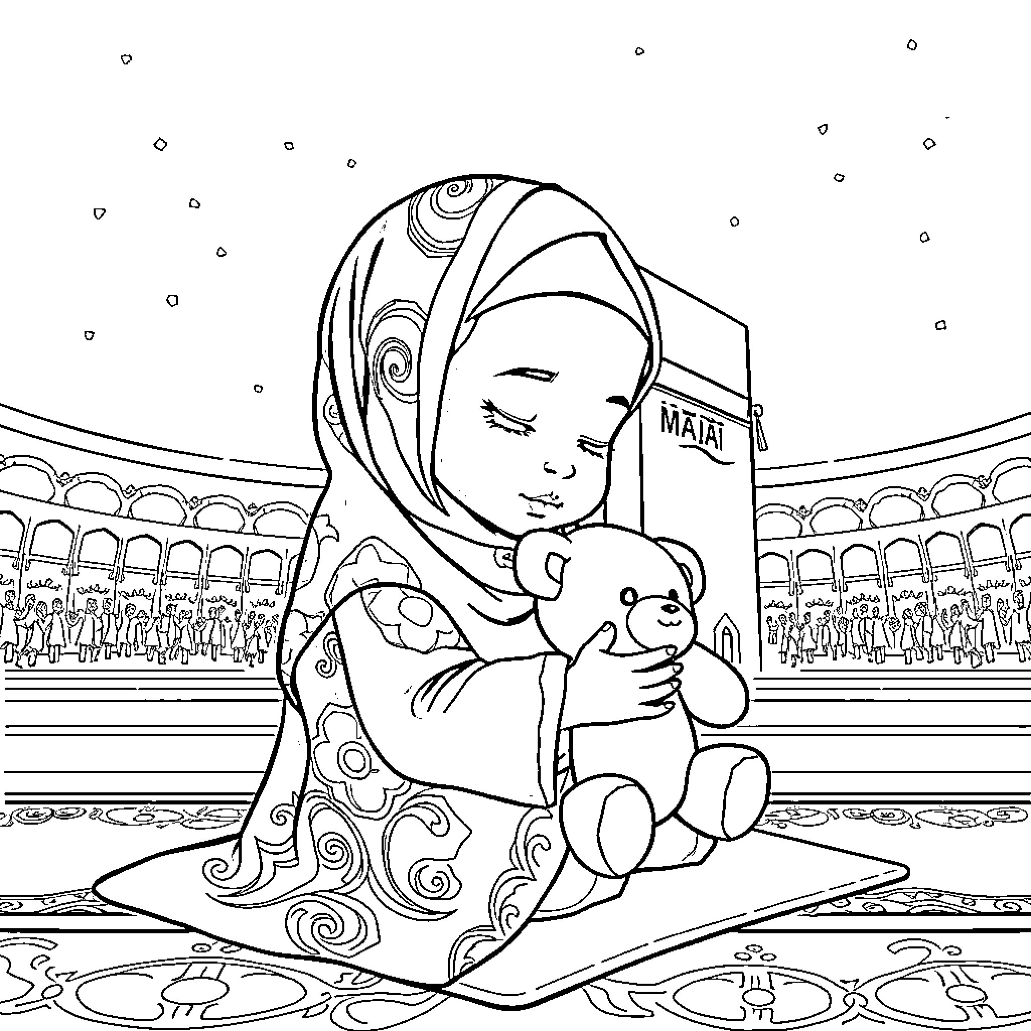Girl holding a teddy bear in a religious setting Coloring Page (free black-and-white line drawing printable PDF for all, from beginners to advanced learners, including children, teens, adults, and seniors)