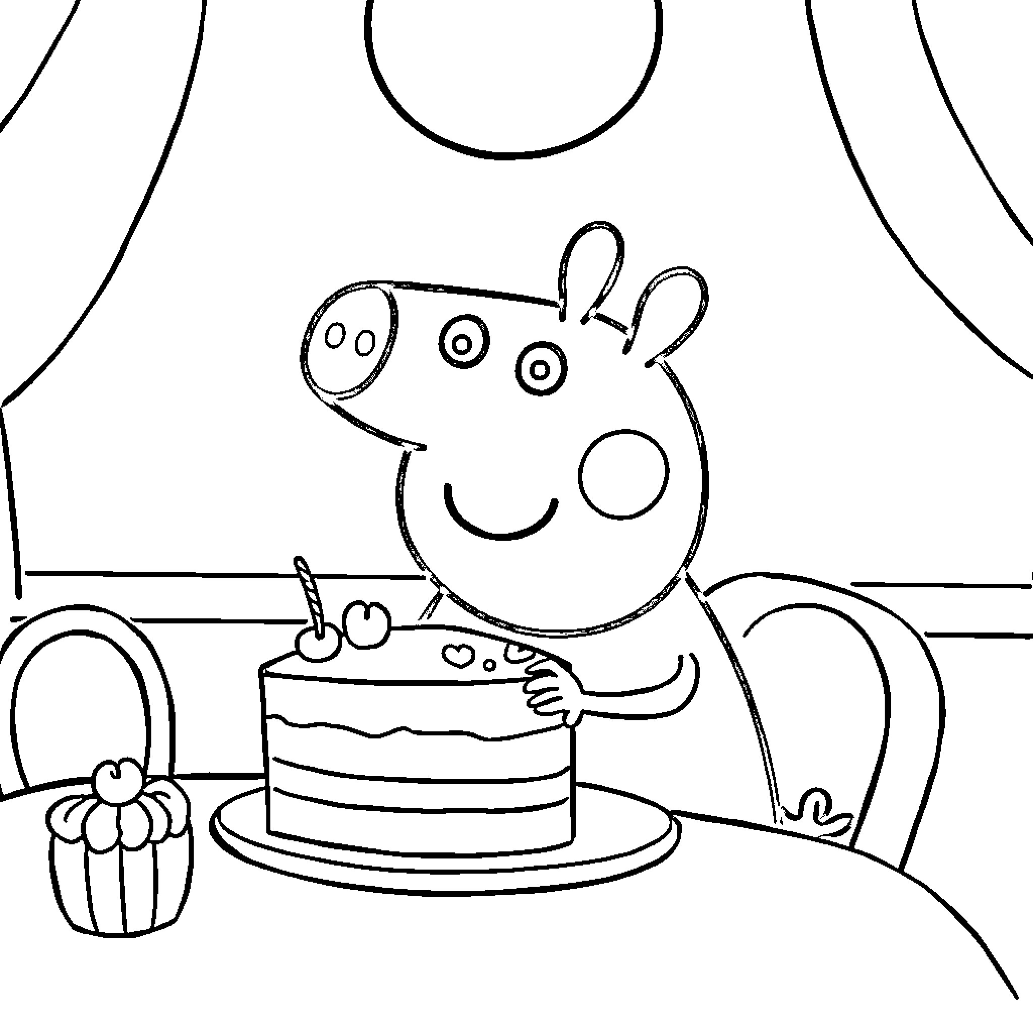 Peppa Pig celebrates with a cake Coloring Page (free black-and-white line drawing printable PDF for all, from beginners to advanced learners, including children, teens, adults, and seniors)