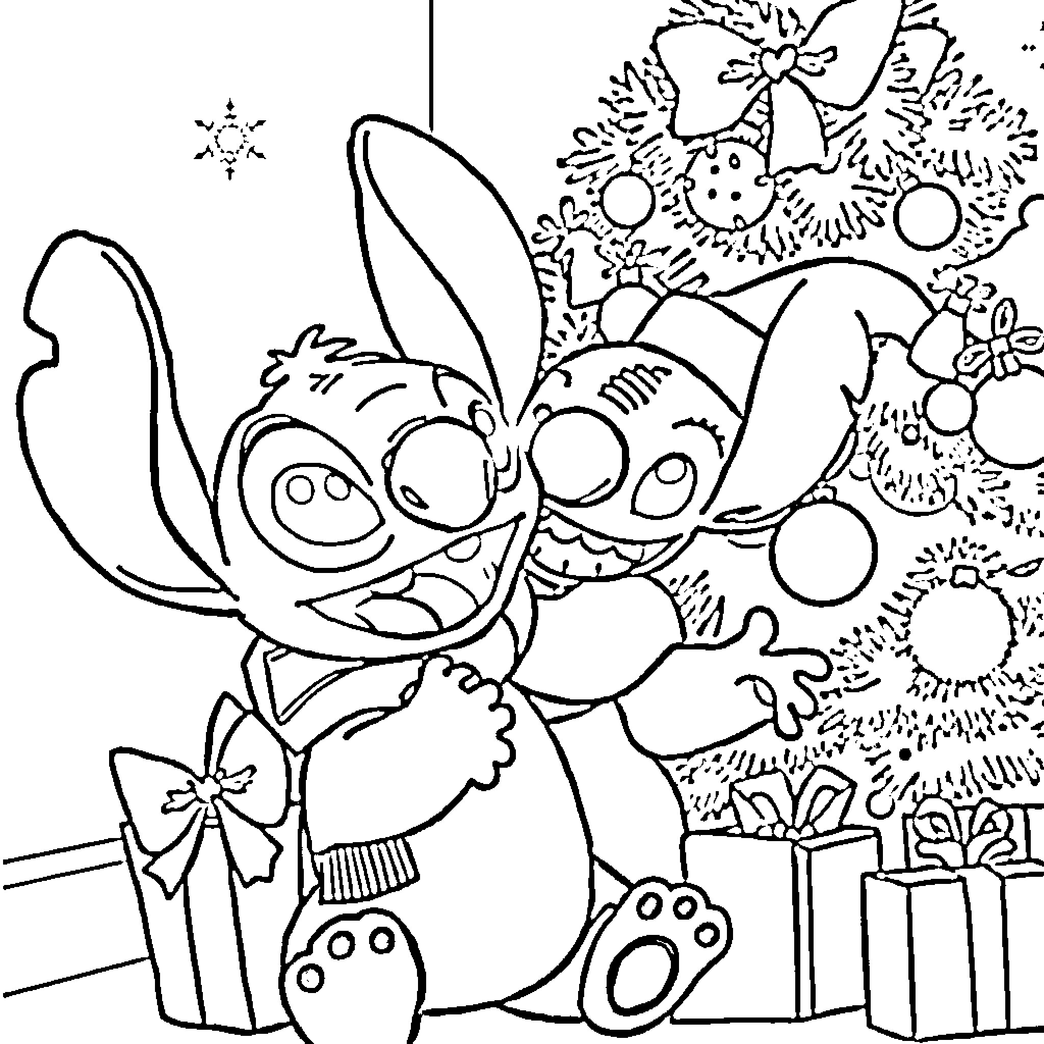 Lilo And Stitch Celebrate Christmas Together Coloring Page (free black-and-white line drawing printable PDF for all, from beginners to advanced learners, including children, teens, adults, and seniors)
