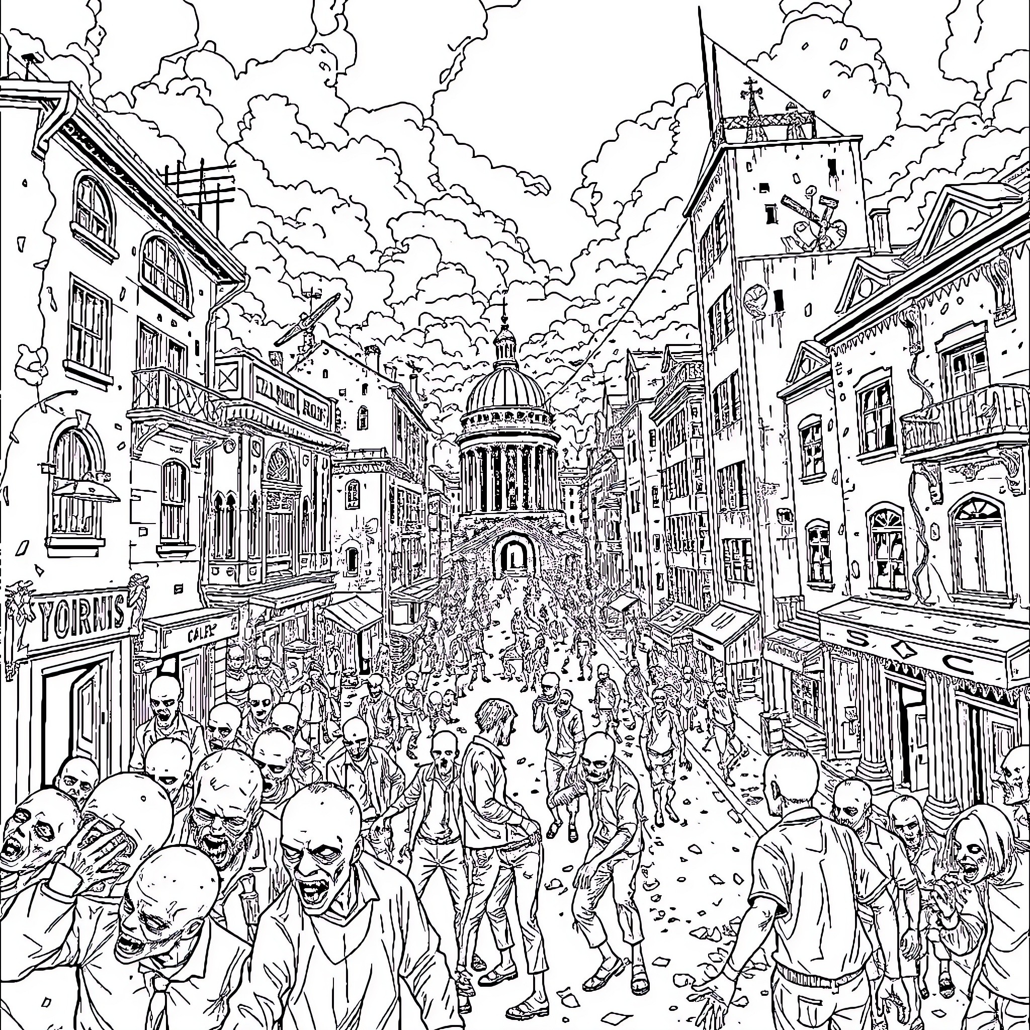 Zombie Invasion in the Crowded City Streets Coloring Page (free black-and-white line drawing printable PDF for all, from beginners to advanced learners, including children, teens, adults, and seniors)