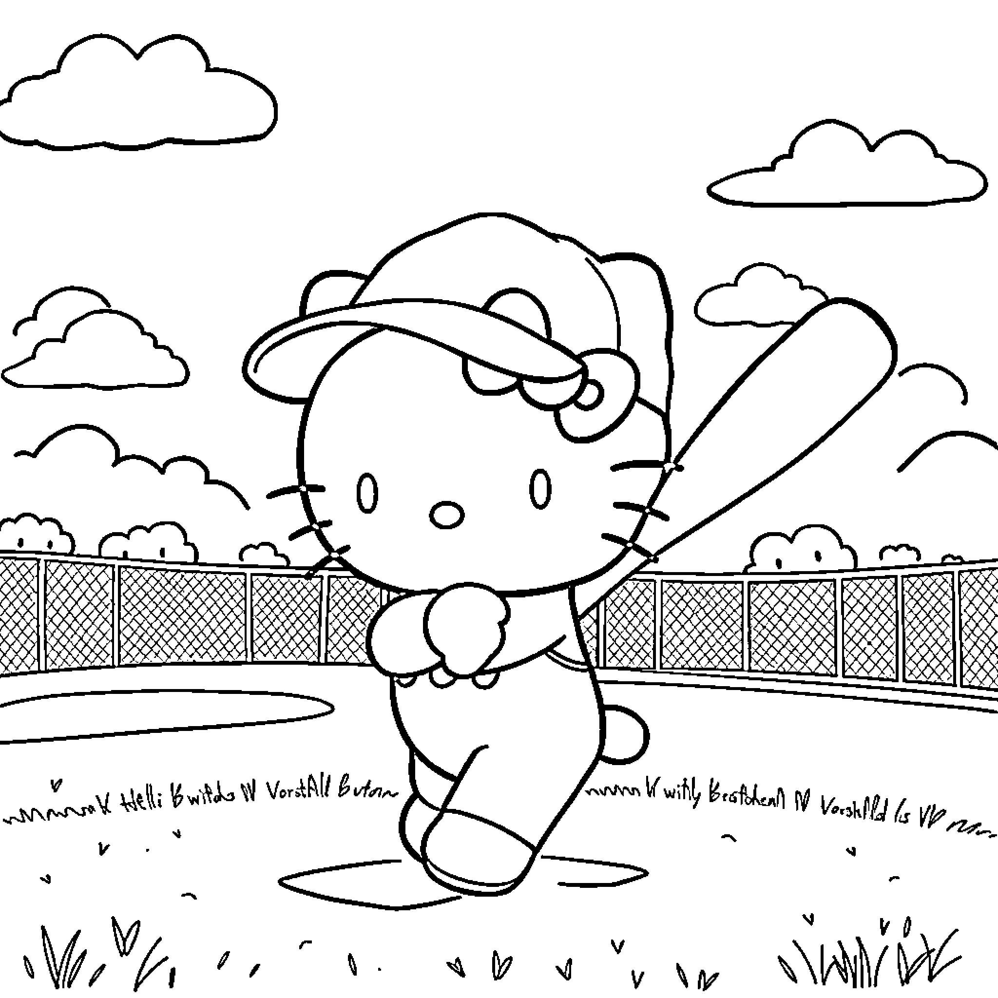 Hello Kitty playing outdoors with friends Coloring Page (free black-and-white line drawing printable PDF for all, from beginners to advanced learners, including children, teens, adults, and seniors)
