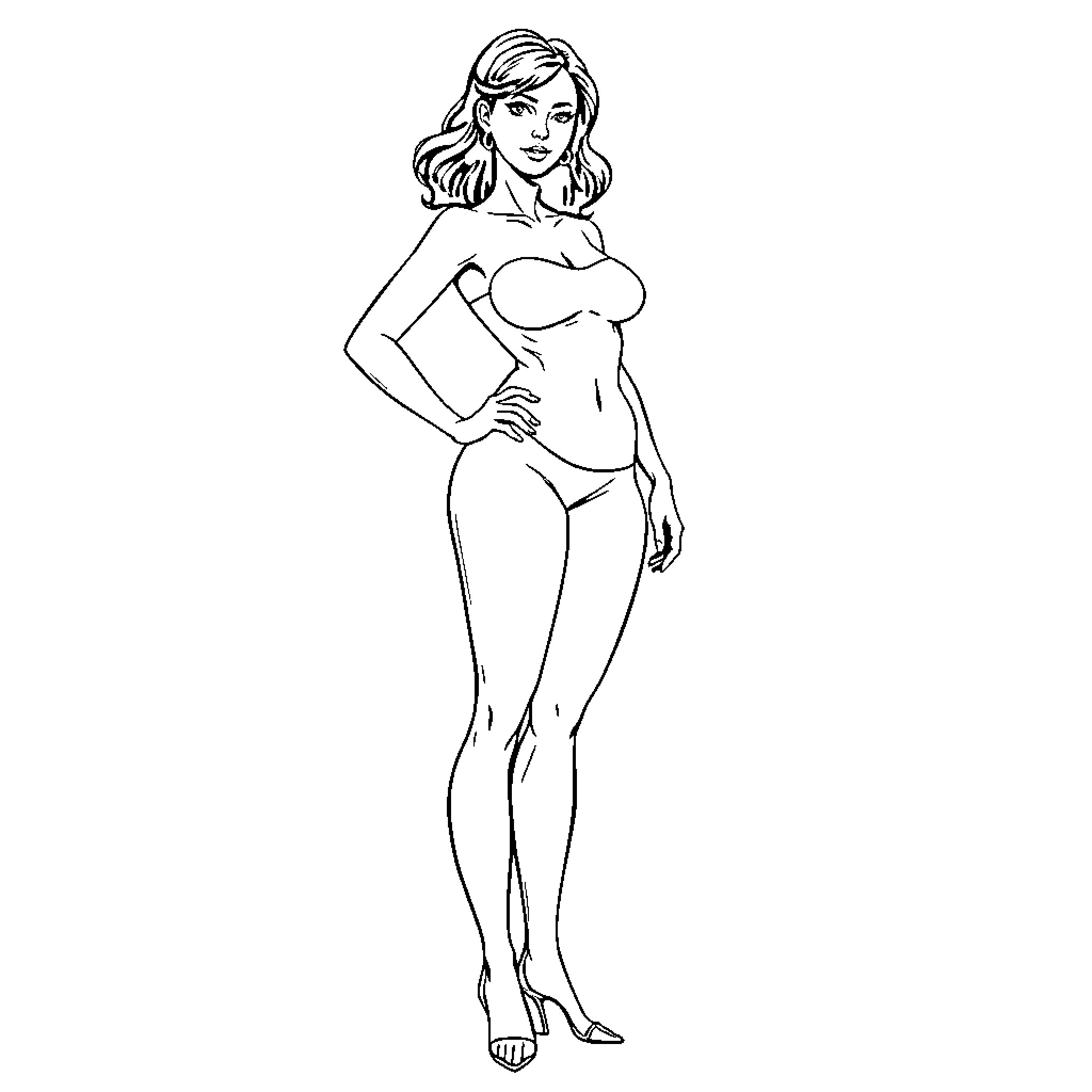 Woman posing in elegant swimwear Coloring Page (free black-and-white line drawing printable PDF for all, from beginners to advanced learners, including children, teens, adults, and seniors)