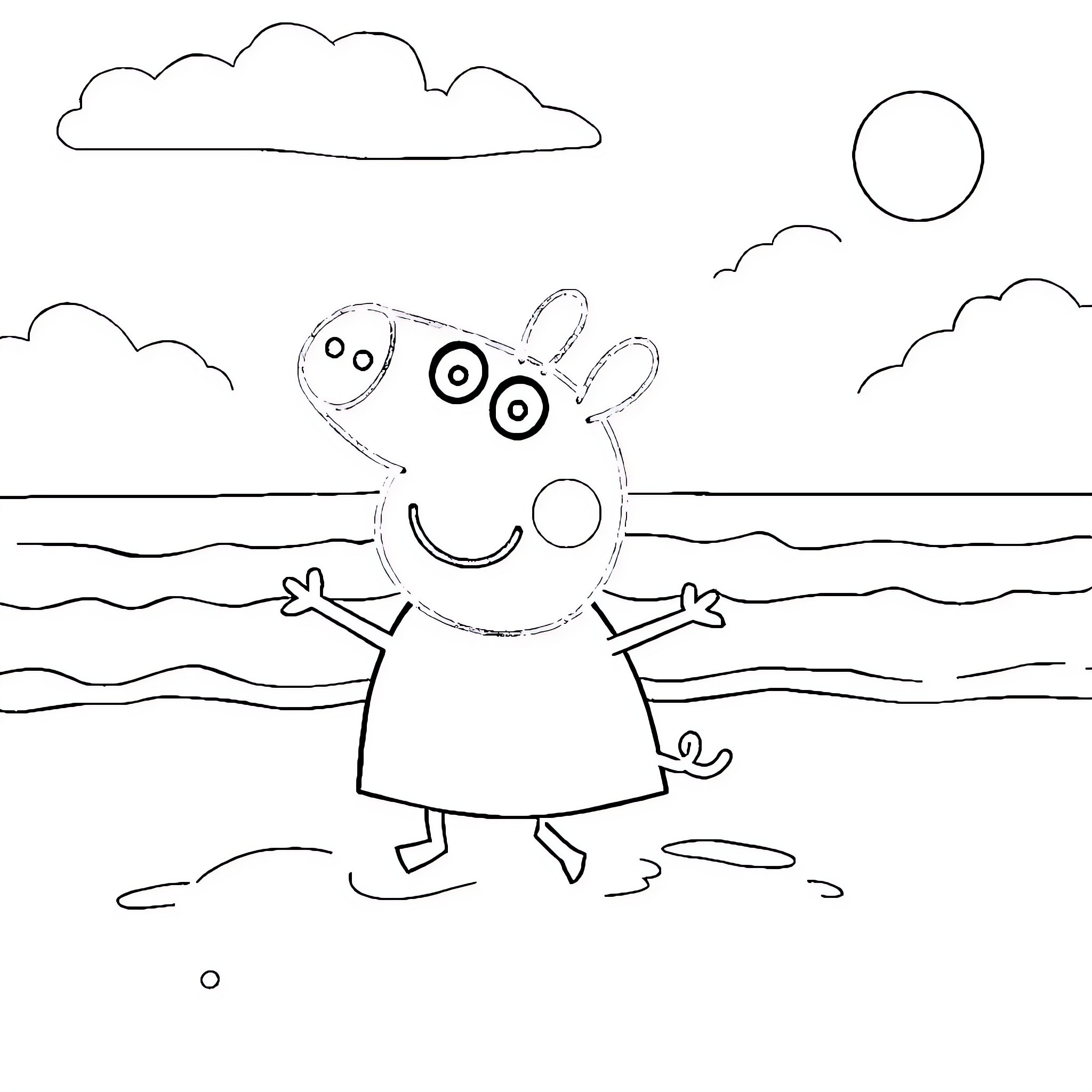 Peppa Pig enjoying a day at the beach Coloring Page (free black-and-white line drawing printable PDF for all, from beginners to advanced learners, including children, teens, adults, and seniors)