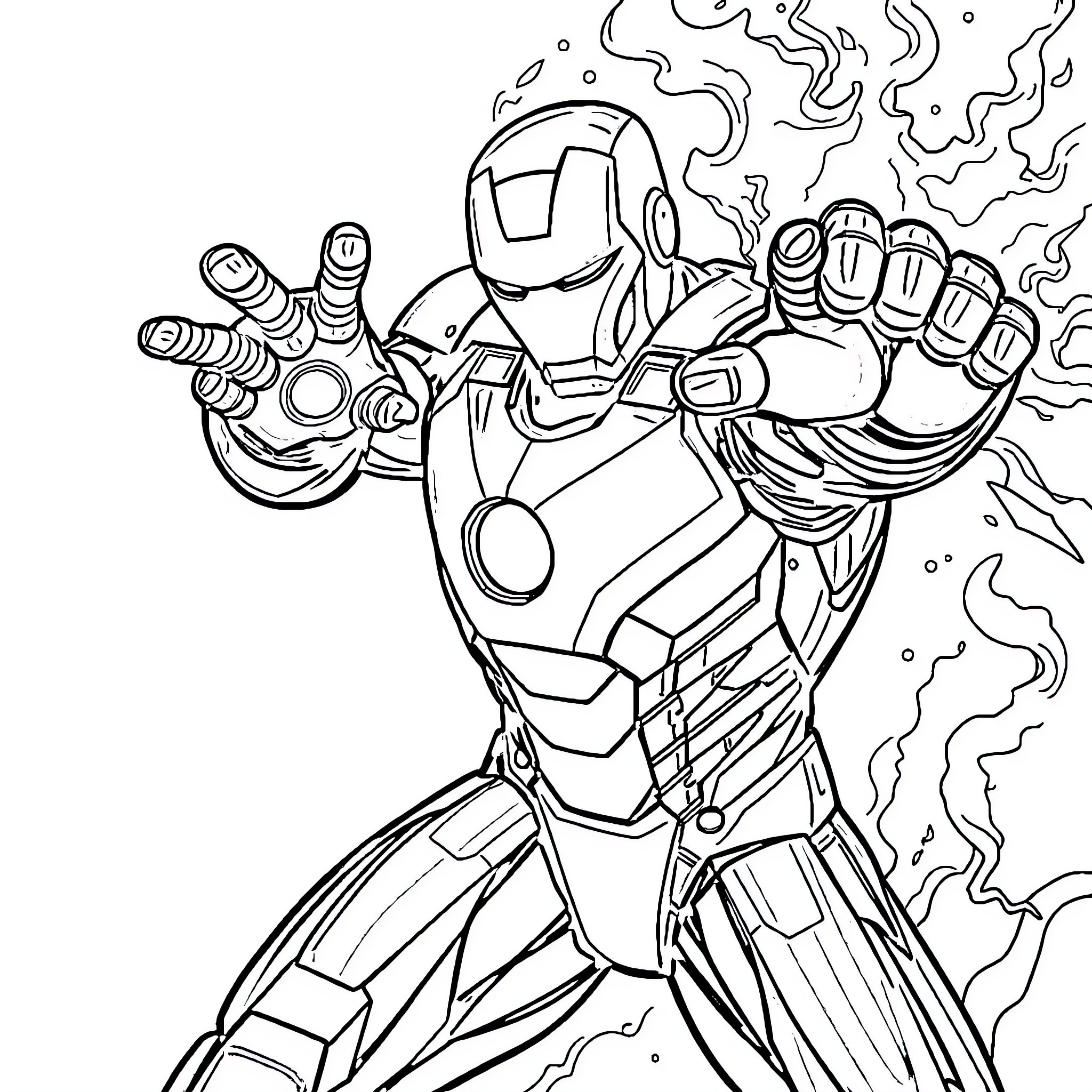 Iron Man in heroic action pose Coloring Page (free black-and-white line drawing printable PDF for all, from beginners to advanced learners, including children, teens, adults, and seniors)