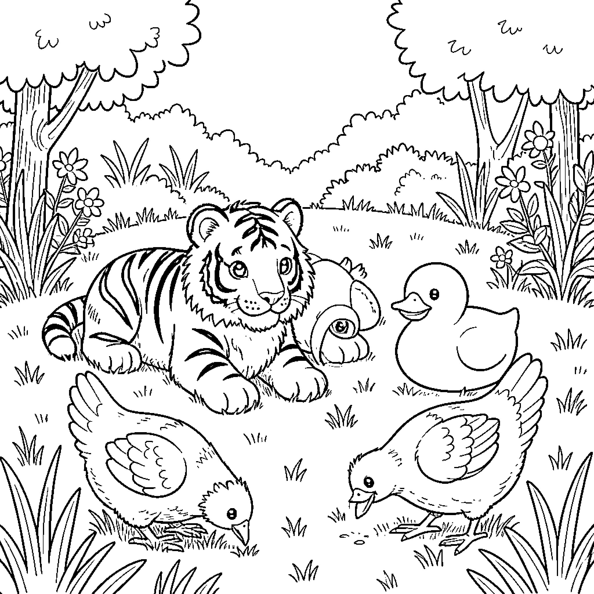 Tiger cub exploring nature with baby ducklings Coloring Page (free black-and-white line drawing printable PDF for all, from beginners to advanced learners, including children, teens, adults, and seniors)