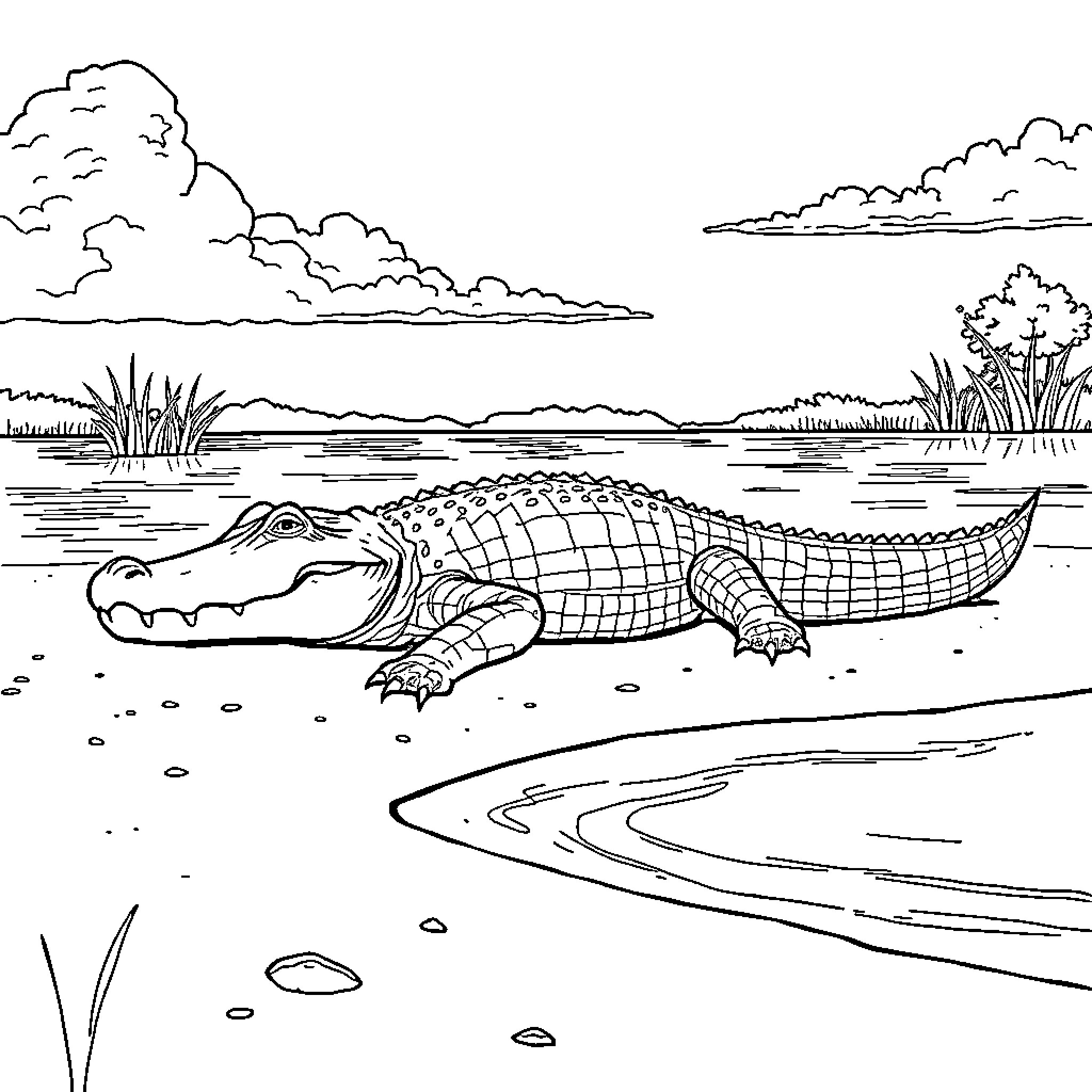 Alligator basking in the tranquil lake Coloring Page (free black-and-white line drawing printable PDF for all, from beginners to advanced learners, including children, teens, adults, and seniors)