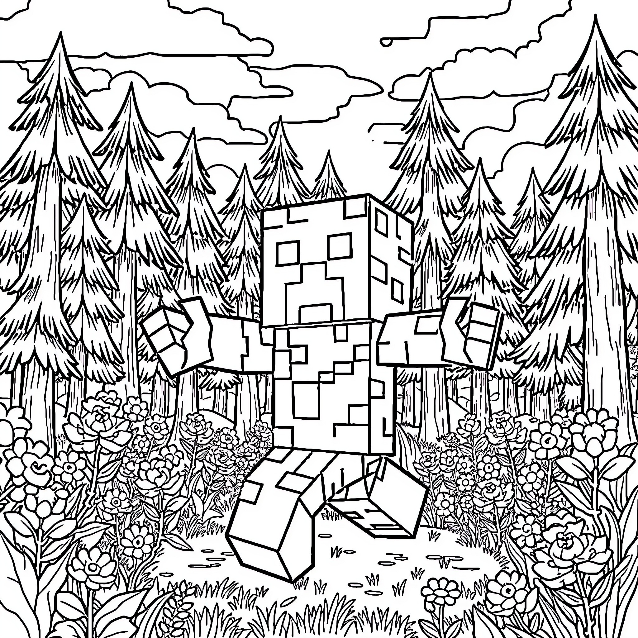 Creeper lurking in the enchanted forest Coloring Page (free black-and-white line drawing printable PDF for all, from beginners to advanced learners, including children, teens, adults, and seniors)
