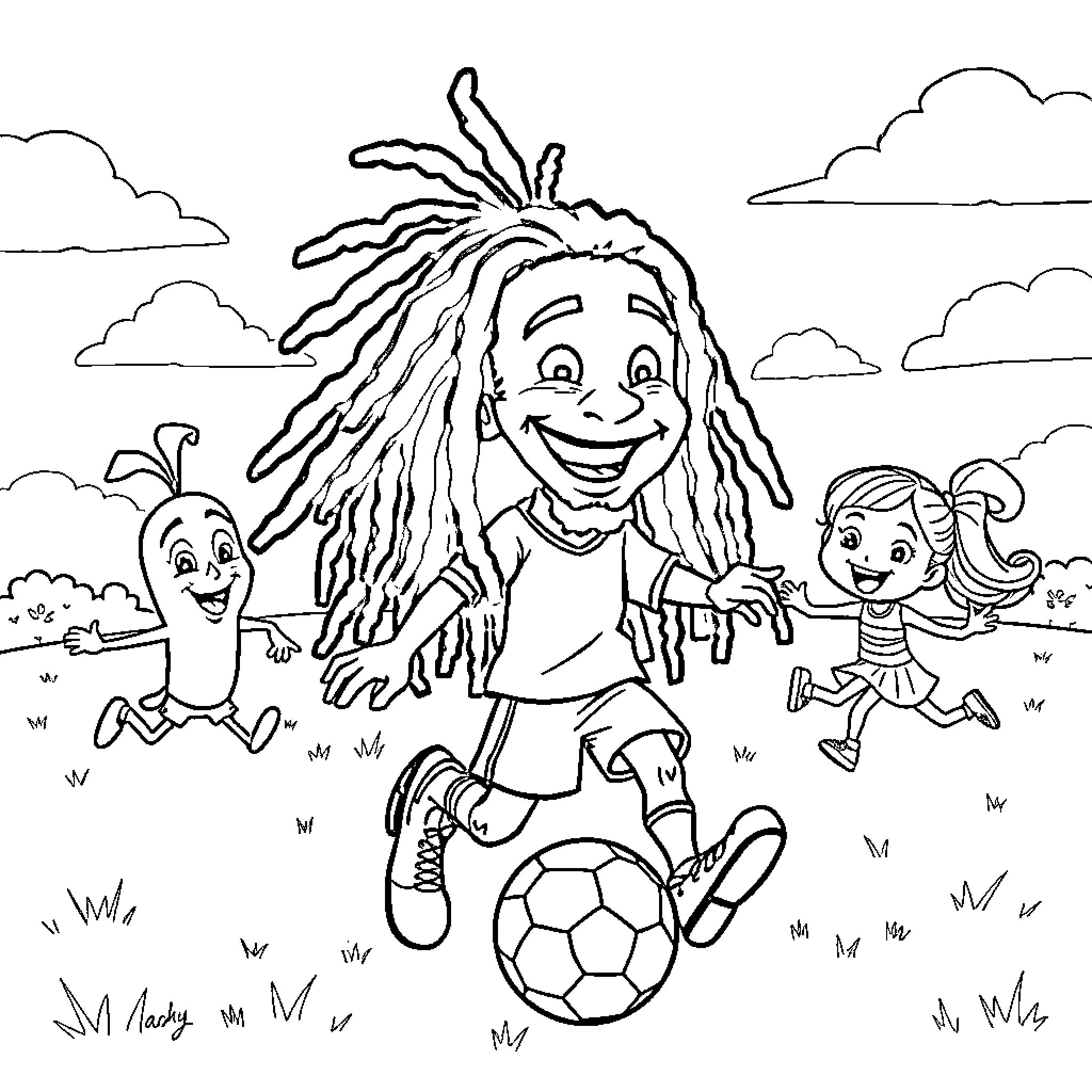 Soccer characters playing in a happy outdoor scene Coloring Page (free black-and-white line drawing printable PDF for all, from beginners to advanced learners, including children, teens, adults, and seniors)