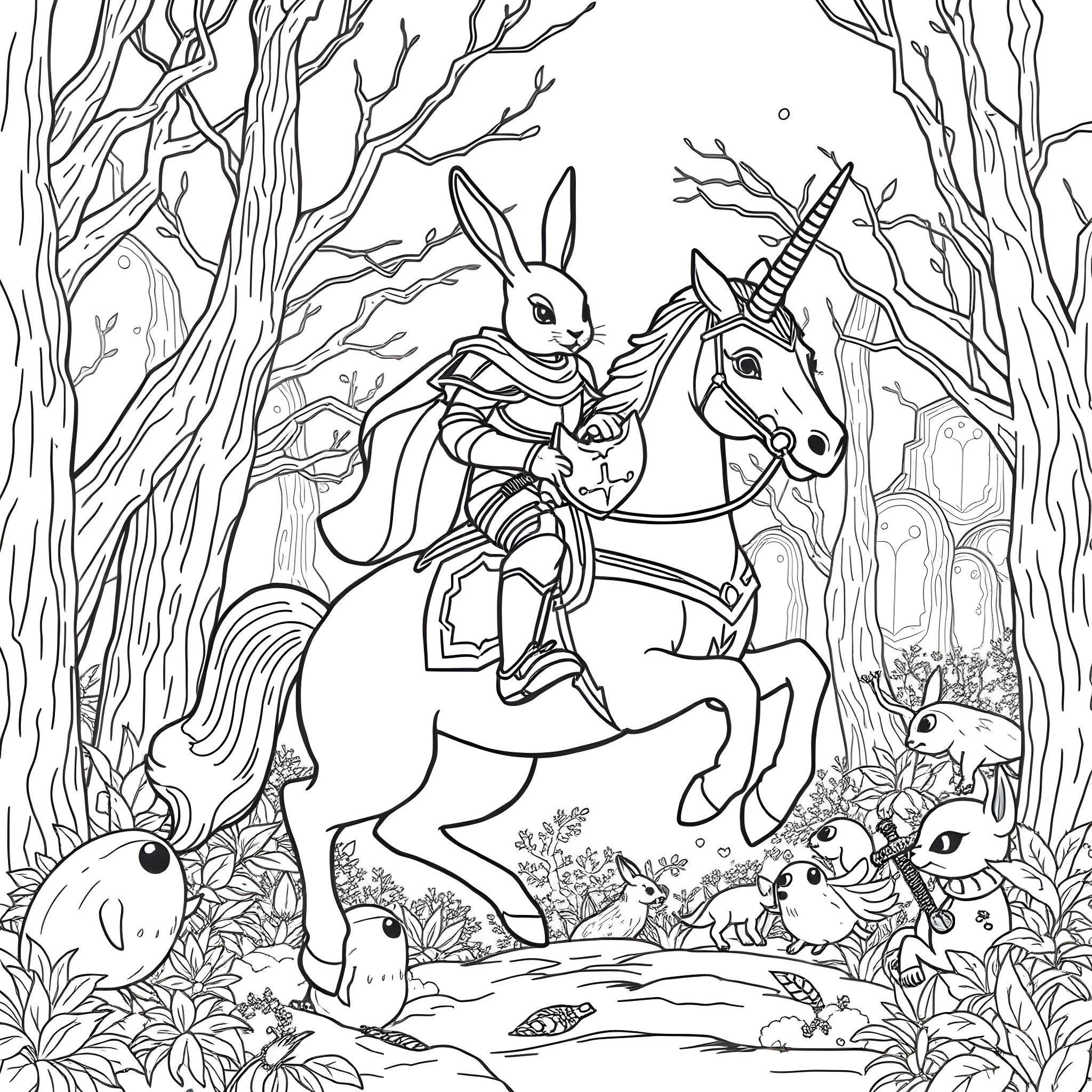 Rabbit knight riding a unicorn in the enchanted forest Coloring Page (free black-and-white line drawing printable PDF for all, from beginners to advanced learners, including children, teens, adults, and seniors)