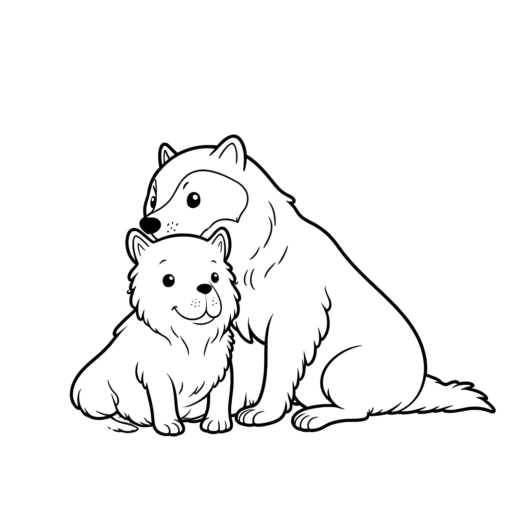 Badger and puppy sitting together Coloring Page (free black-and-white line drawing printable PDF for all, from beginners to advanced learners, including children, teens, adults, and seniors)