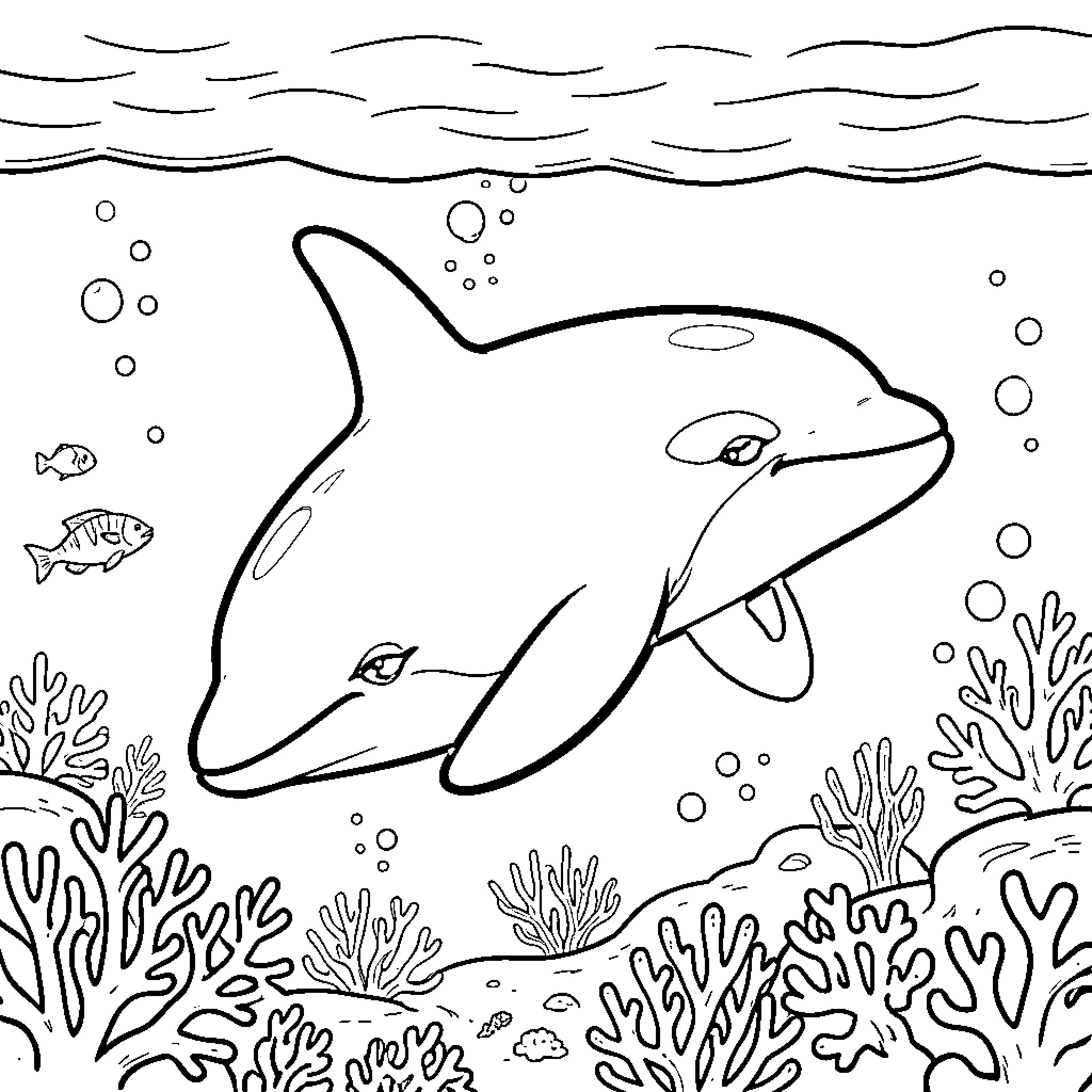 Orca swimming peacefully among coral reefs and fish Coloring Page (free black-and-white line drawing printable PDF for all, from beginners to advanced learners, including children, teens, adults, and seniors)
