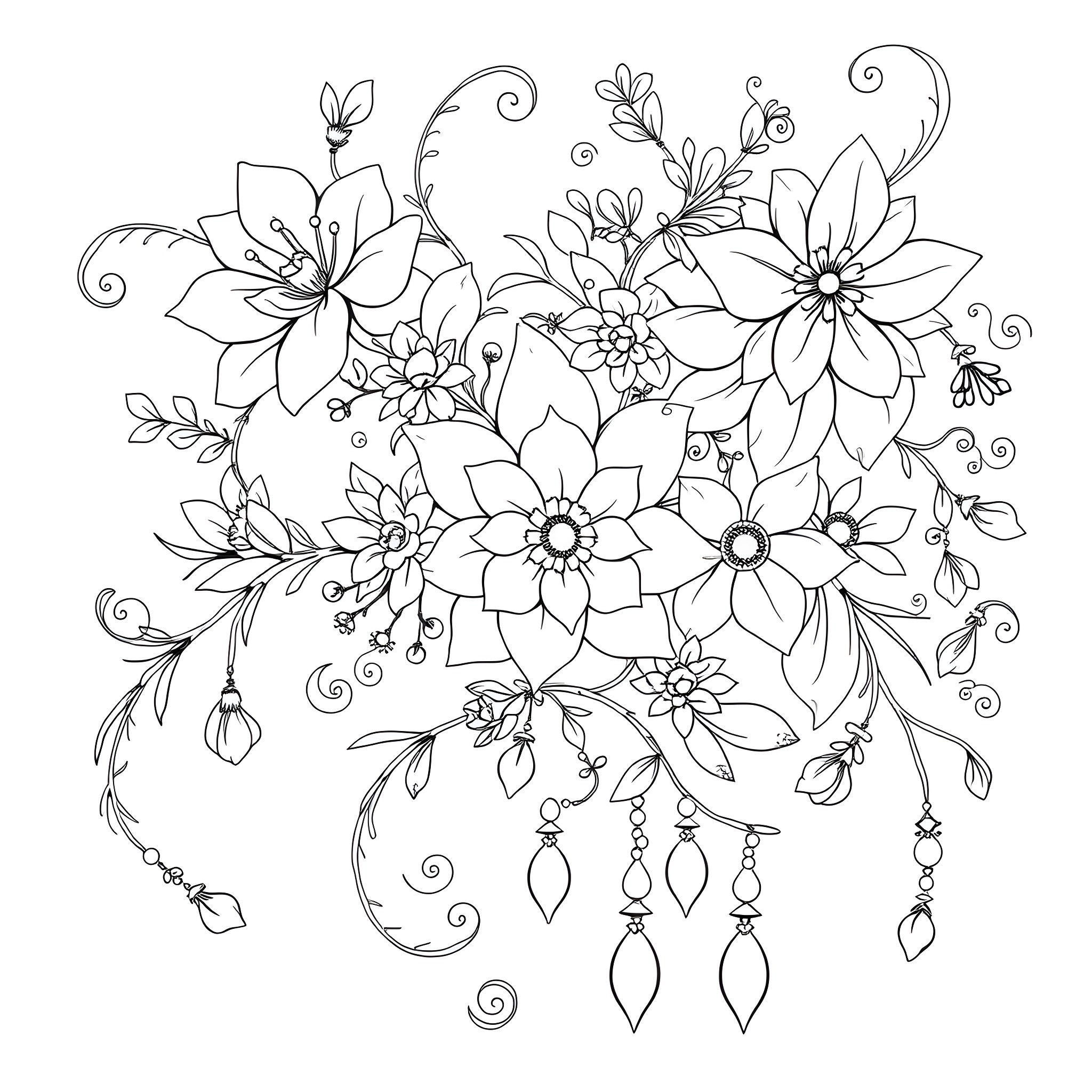 Floral bouquet with intricate flower designs Coloring Page (free black-and-white line drawing printable PDF for all, from beginners to advanced learners, including children, teens, adults, and seniors)