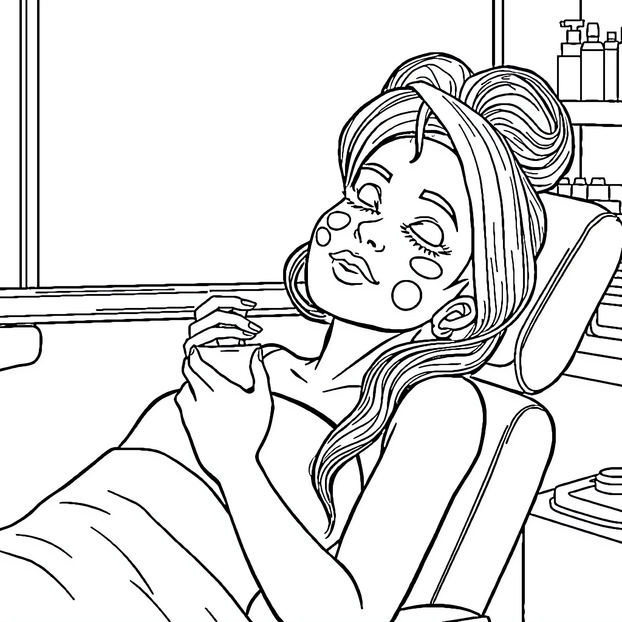 Amelia applying makeup at vanity mirror Coloring Page (free black-and-white line drawing printable PDF for all, from beginners to advanced learners, including children, teens, adults, and seniors)