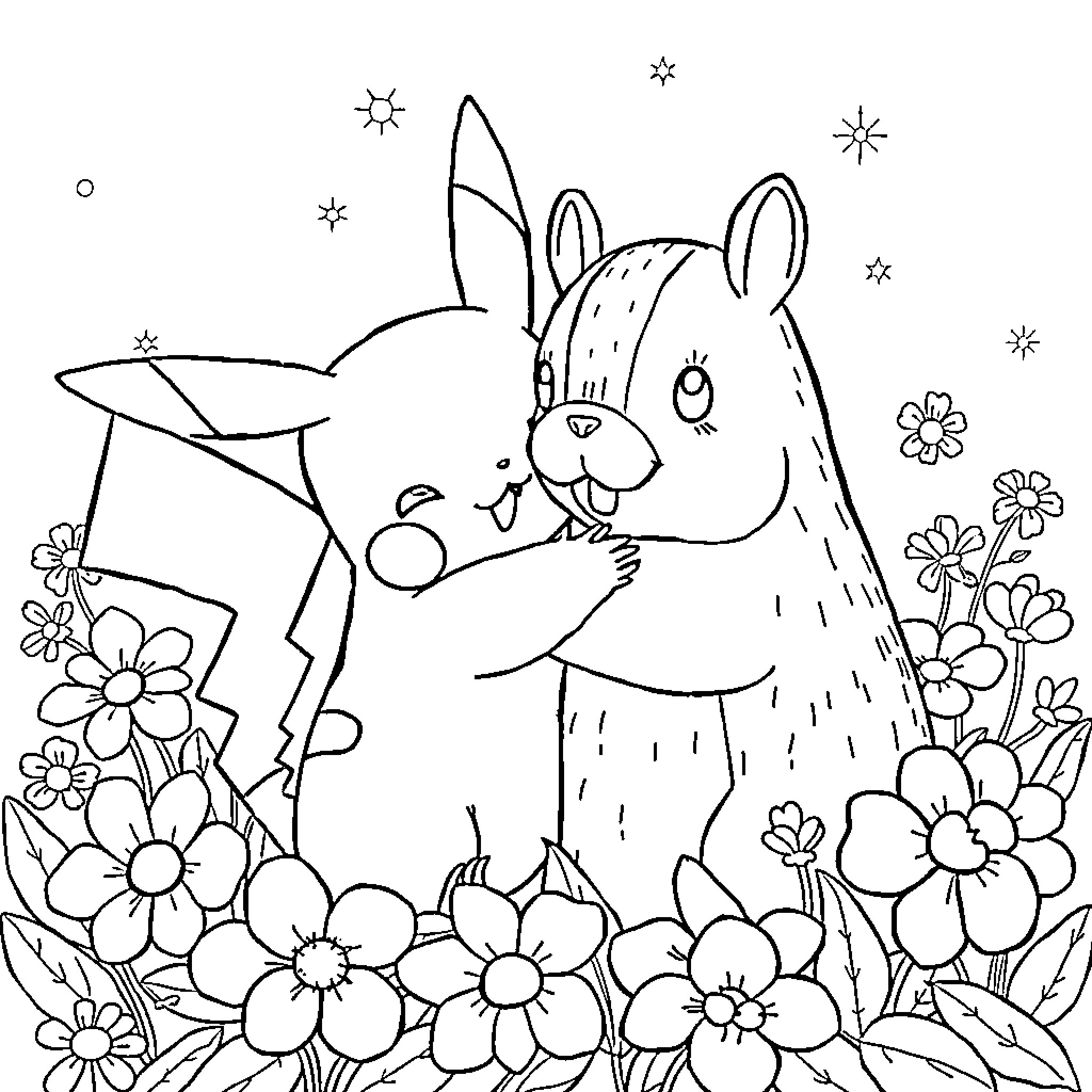 Pikachu happily surrounded by flowers and stars Coloring Page (free black-and-white line drawing printable PDF for all, from beginners to advanced learners, including children, teens, adults, and seniors)