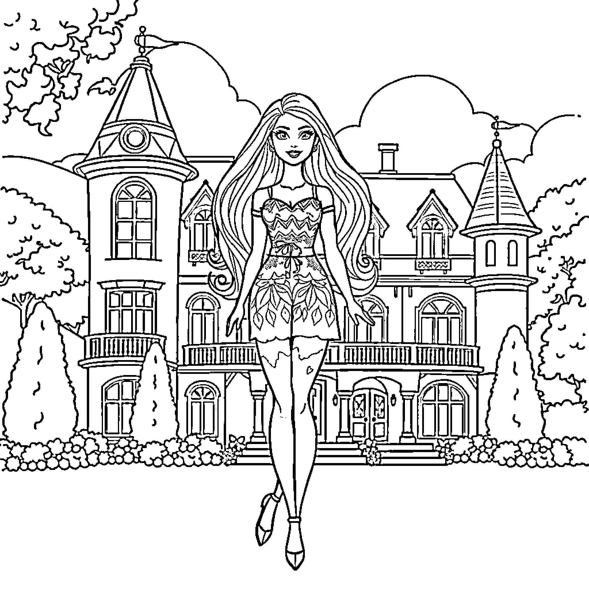 Barbie in a majestic castle setting Coloring Page (free black-and-white line drawing printable PDF for all, from beginners to advanced learners, including children, teens, adults, and seniors)