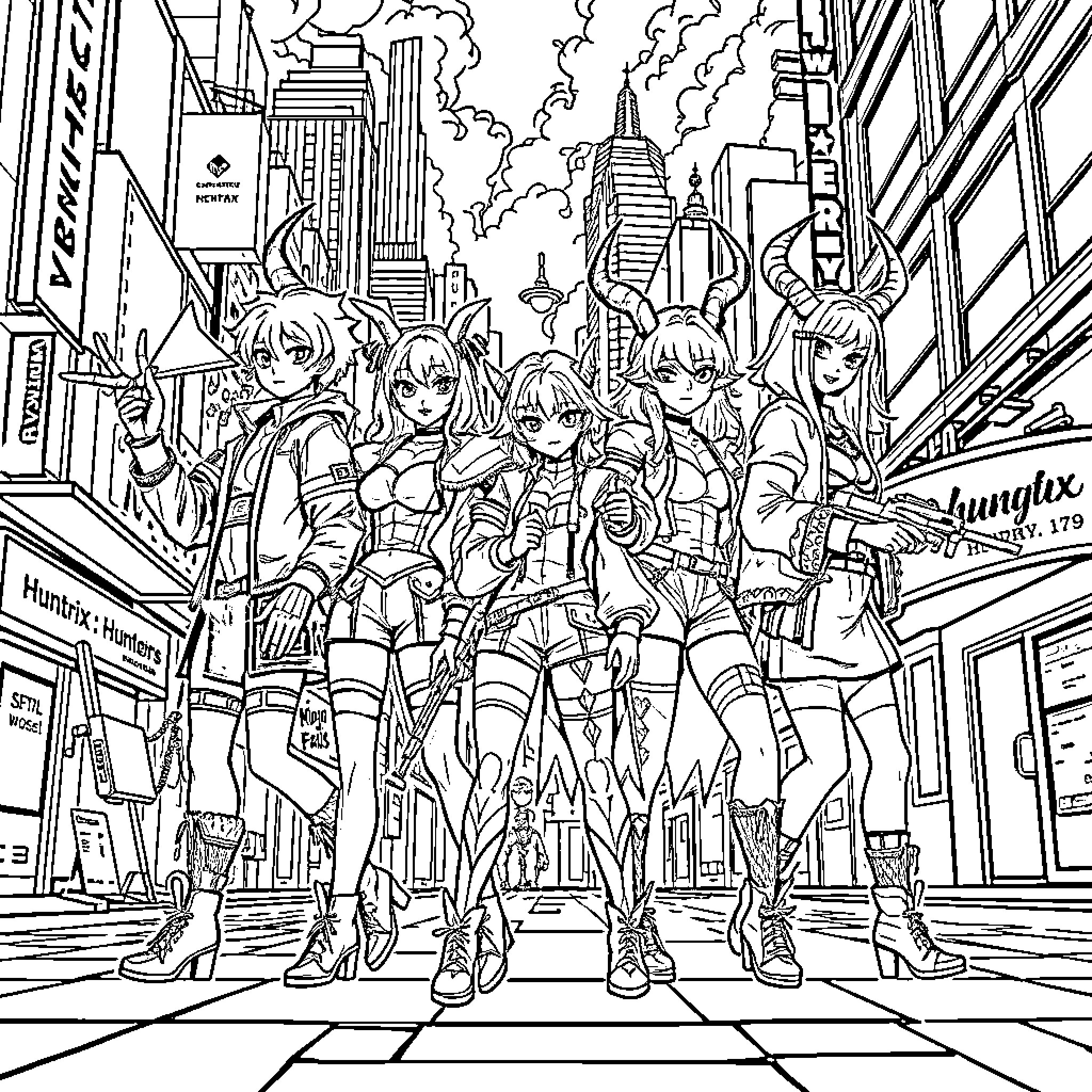 Demon Hunter Squad Unleashes Chaos in the City Coloring Page (free black-and-white line drawing printable PDF for all, from beginners to advanced learners, including children, teens, adults, and seniors)
