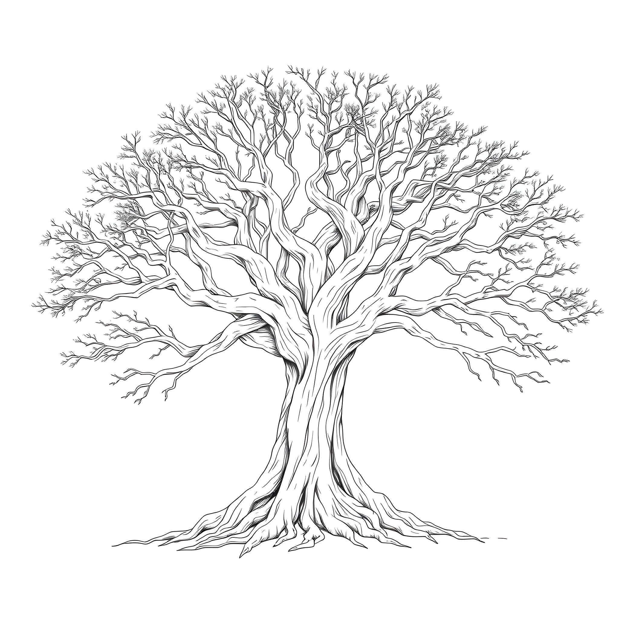 Tree with Intricate Branches and No Leaves Coloring Page (free black-and-white line drawing printable PDF for all, from beginners to advanced learners, including children, teens, adults, and seniors)