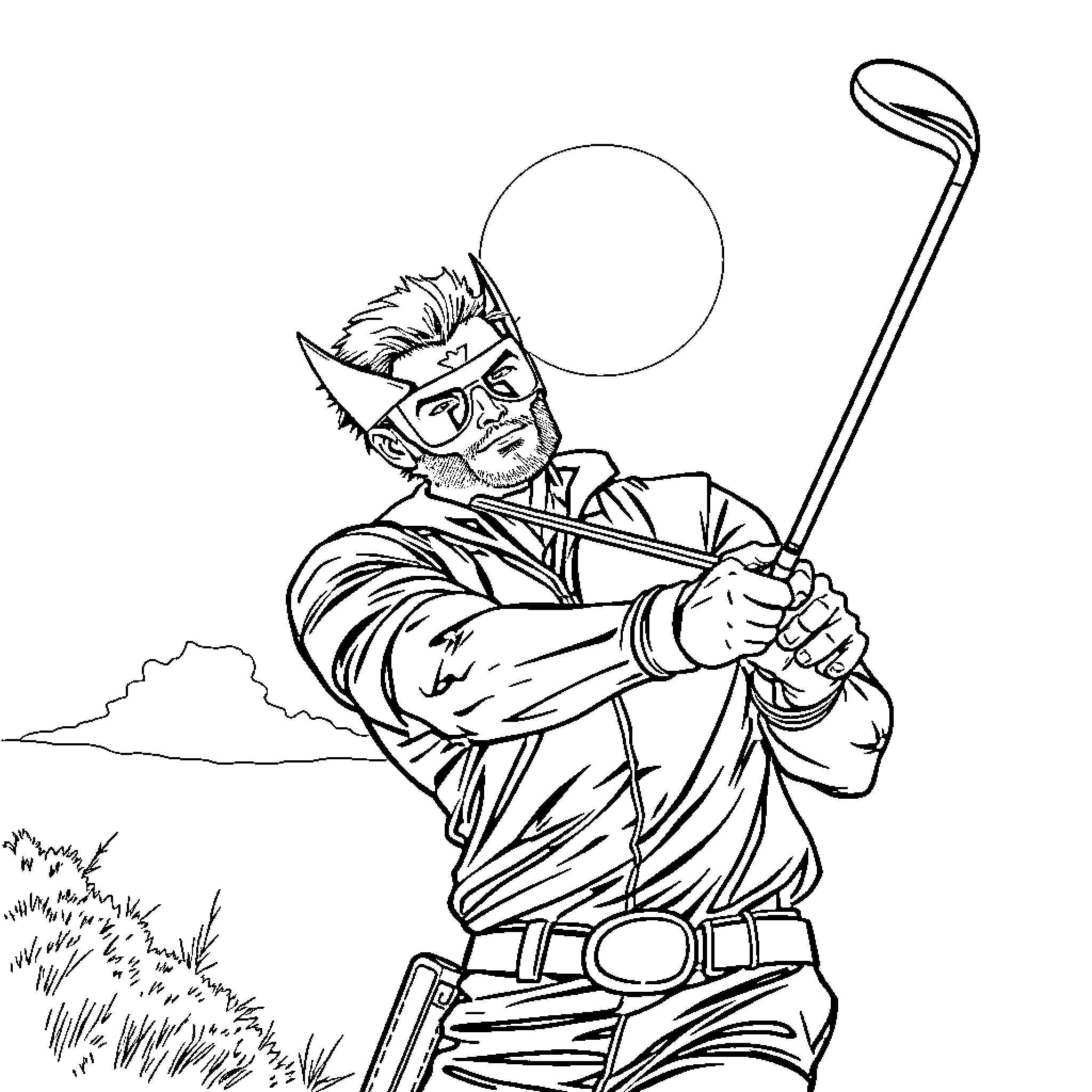 Logan's Outdoor Adventure with Golf Club Coloring Page (free black-and-white line drawing printable PDF for all, from beginners to advanced learners, including children, teens, adults, and seniors)