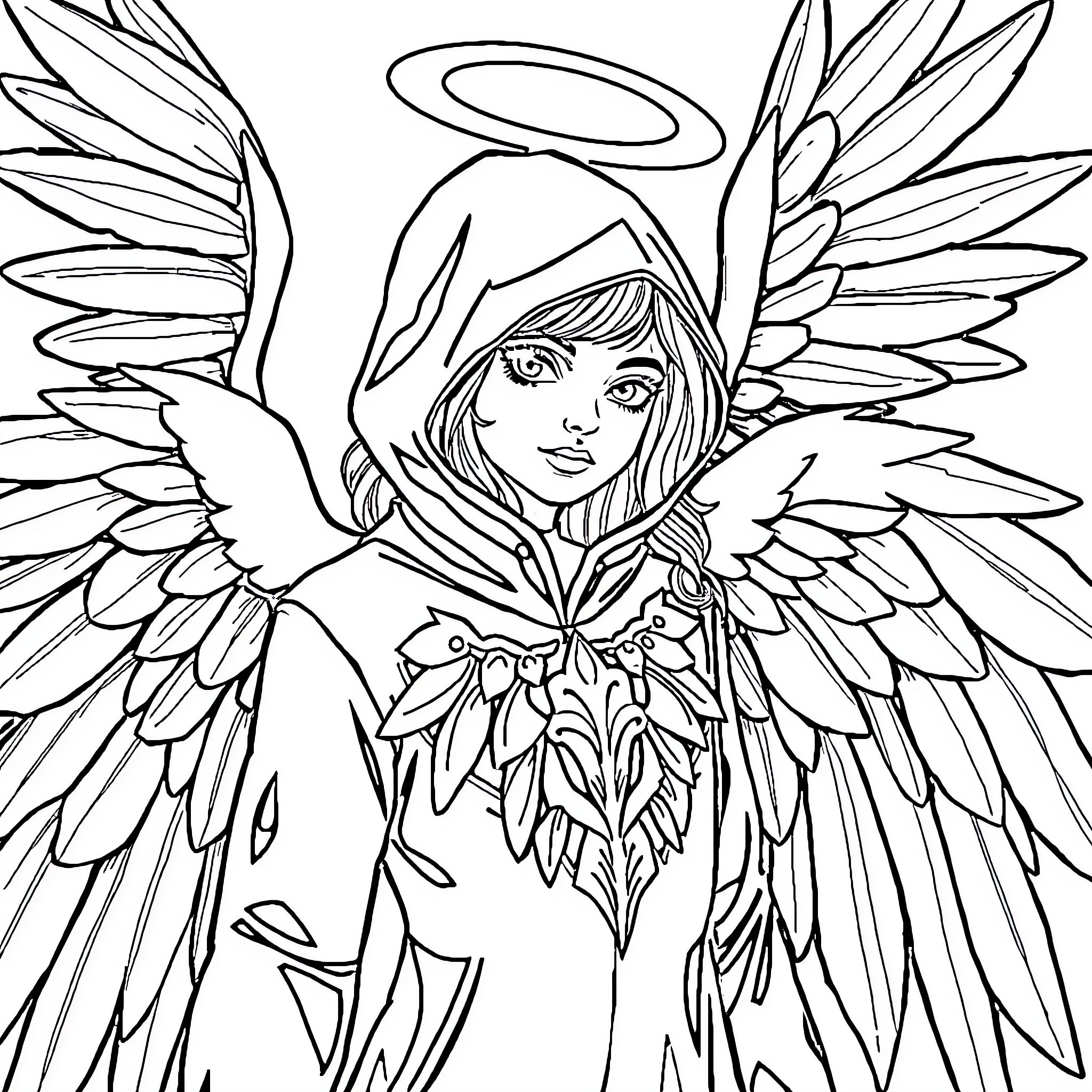 Wrestler in winged warrior costume with angelic halo Coloring Page (free black-and-white line drawing printable PDF for all, from beginners to advanced learners, including children, teens, adults, and seniors)