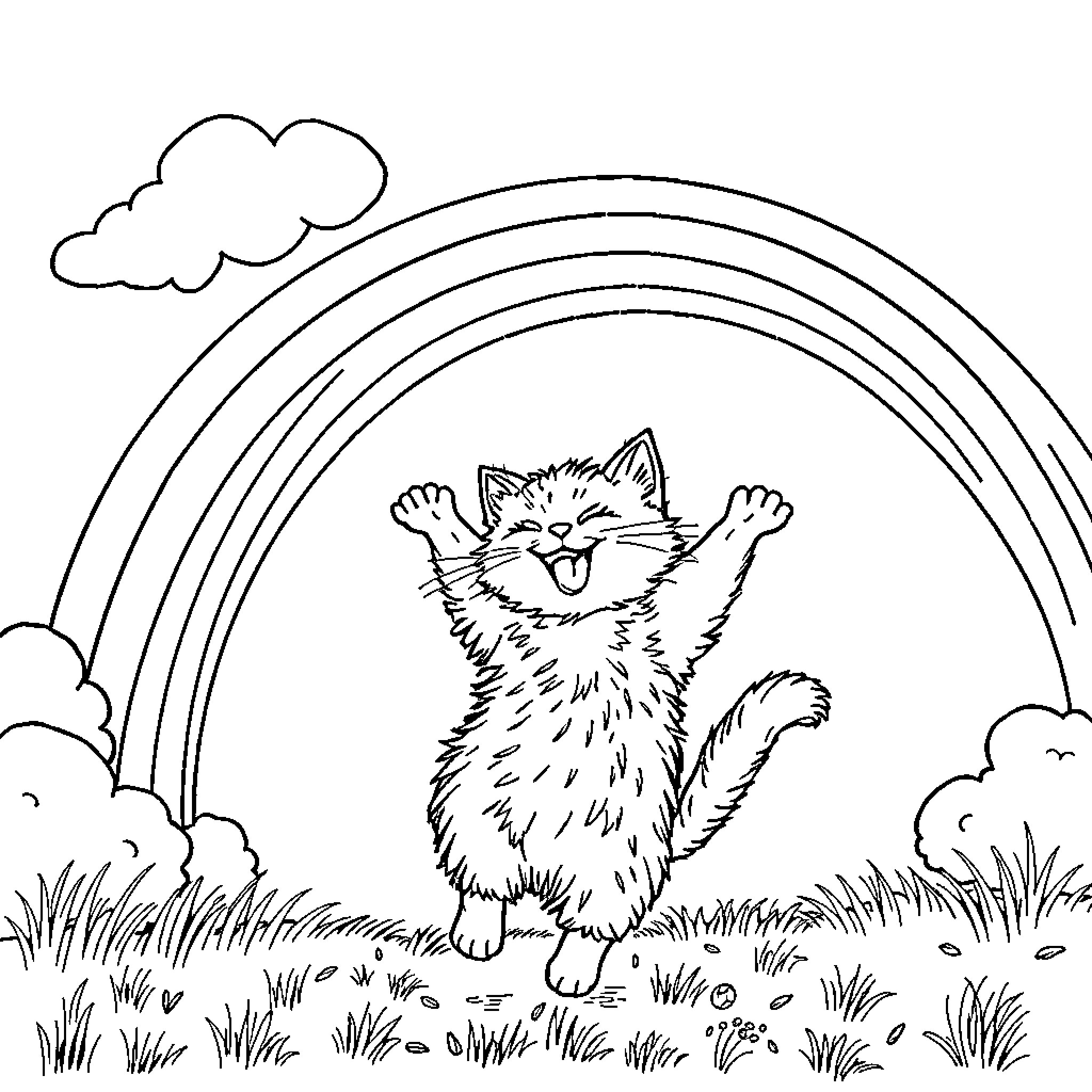 Cat playing joyfully under the rainbow Coloring Page (free black-and-white line drawing printable PDF for all, from beginners to advanced learners, including children, teens, adults, and seniors)