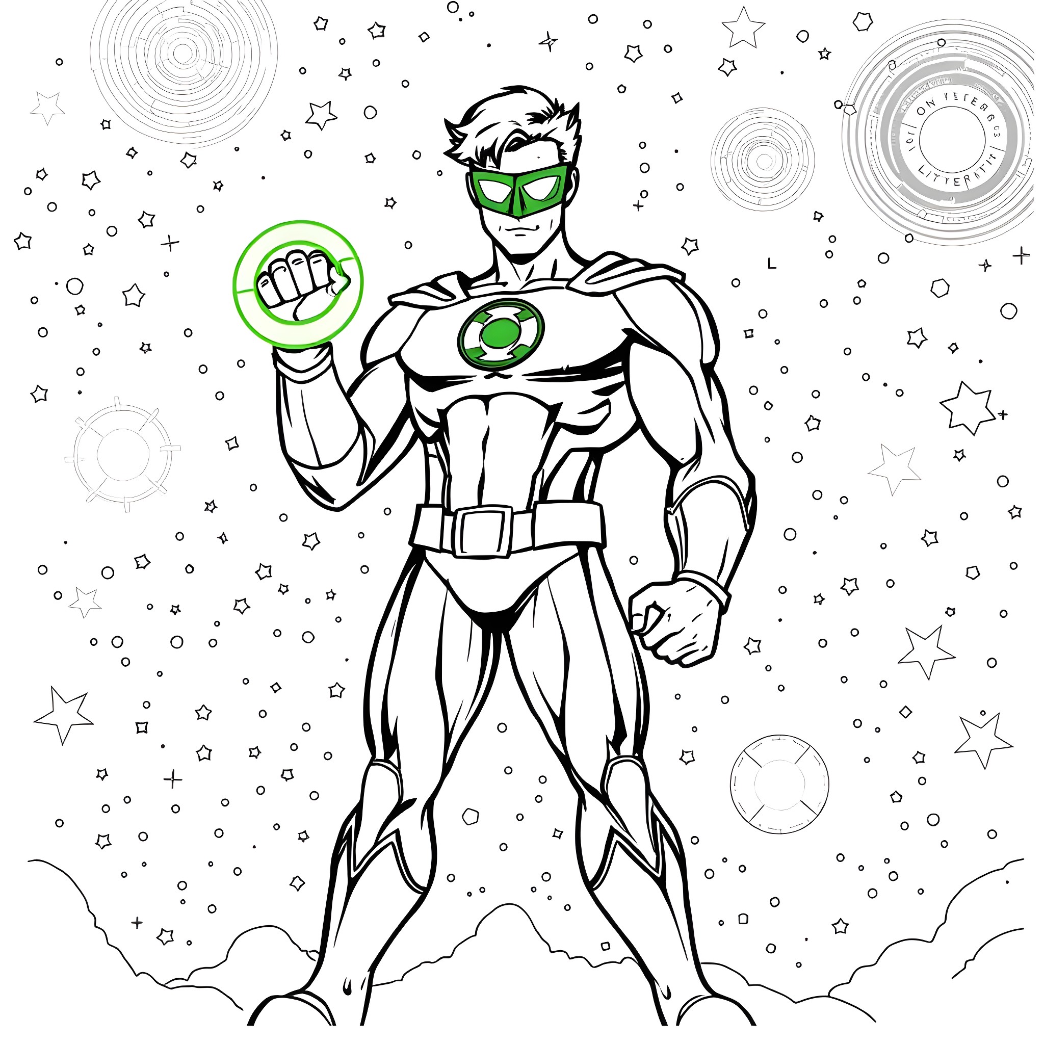 Cyclops superhero flying through cosmic space Coloring Page (free black-and-white line drawing printable PDF for all, from beginners to advanced learners, including children, teens, adults, and seniors)