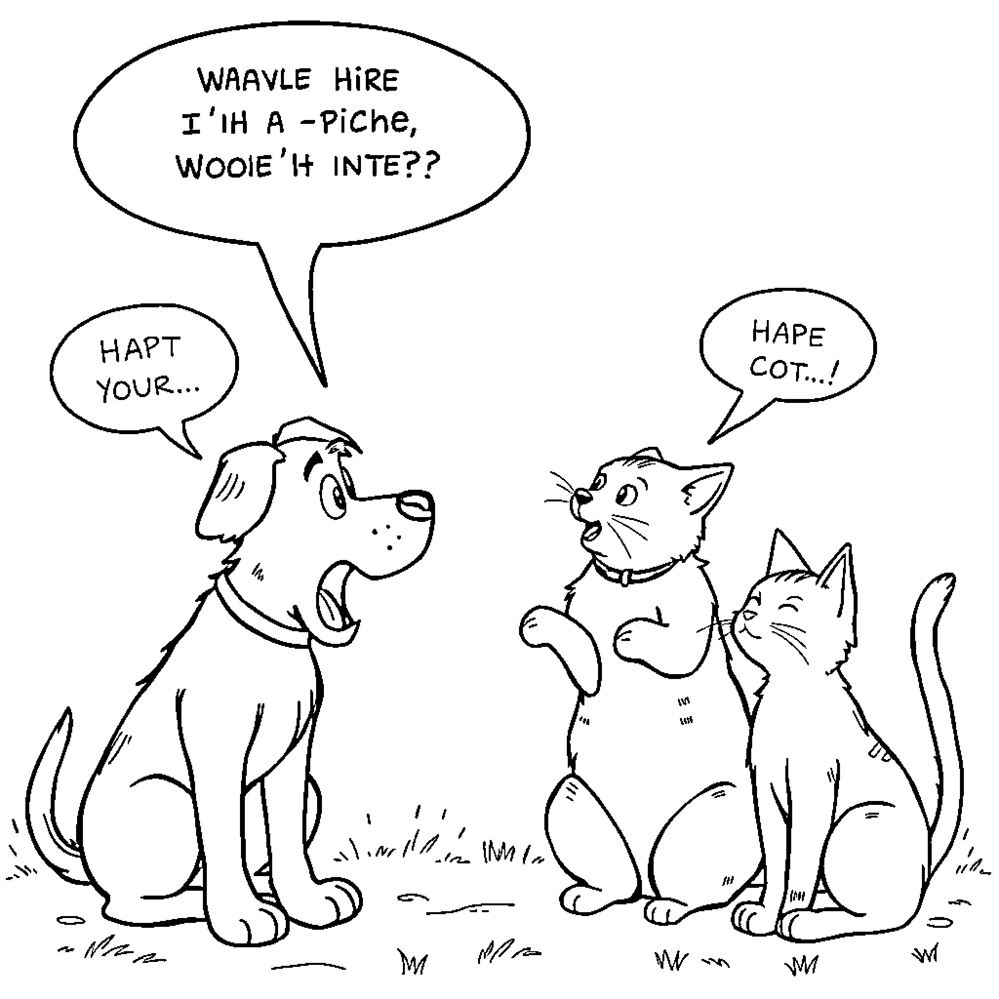 Dog Interacts with Pets in Playful Conversation Coloring Page (free black-and-white line drawing printable PDF for all, from beginners to advanced learners, including children, teens, adults, and seniors)