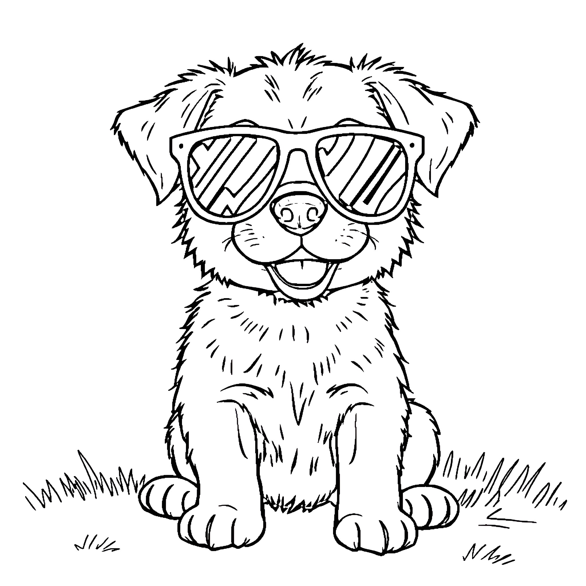 Puppy wearing sunglasses on the grass Coloring Page (free black-and-white line drawing printable PDF for all, from beginners to advanced learners, including children, teens, adults, and seniors)