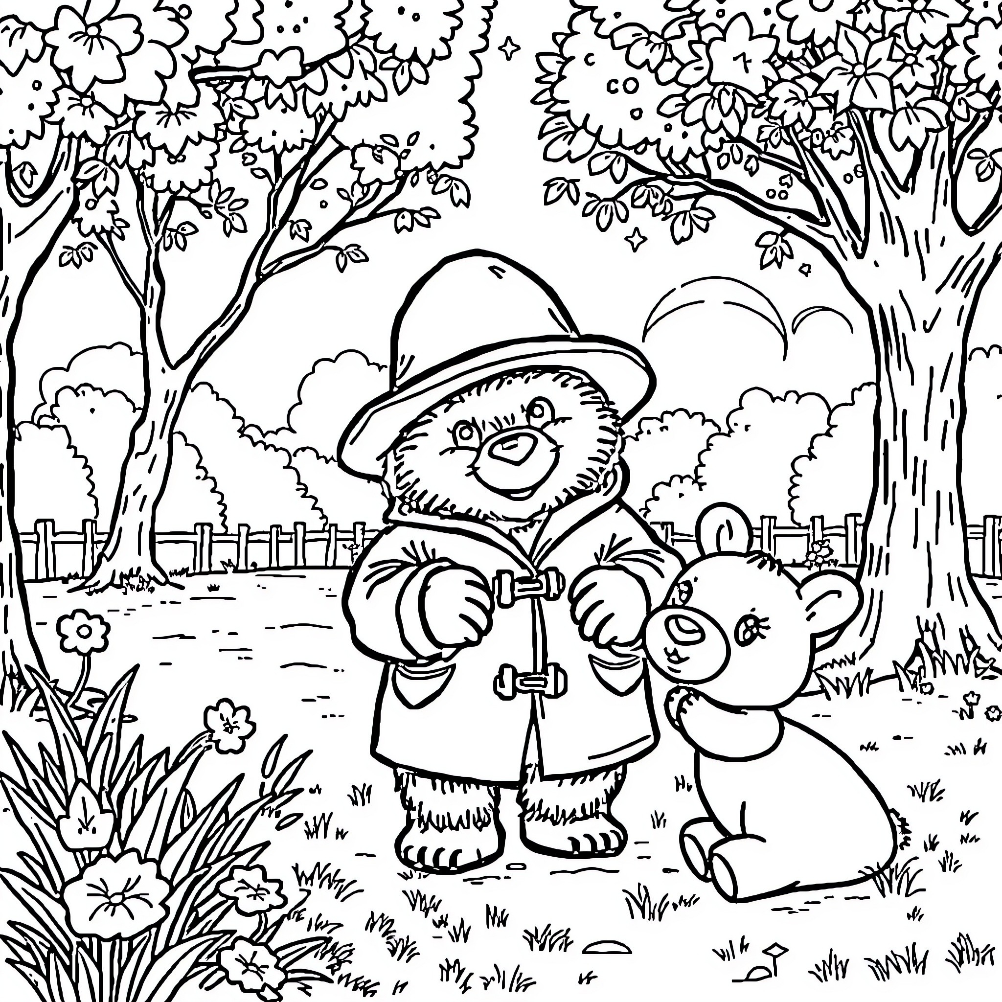 Paddington Bear exploring the garden with his friend Coloring Page (free black-and-white line drawing printable PDF for all, from beginners to advanced learners, including children, teens, adults, and seniors)