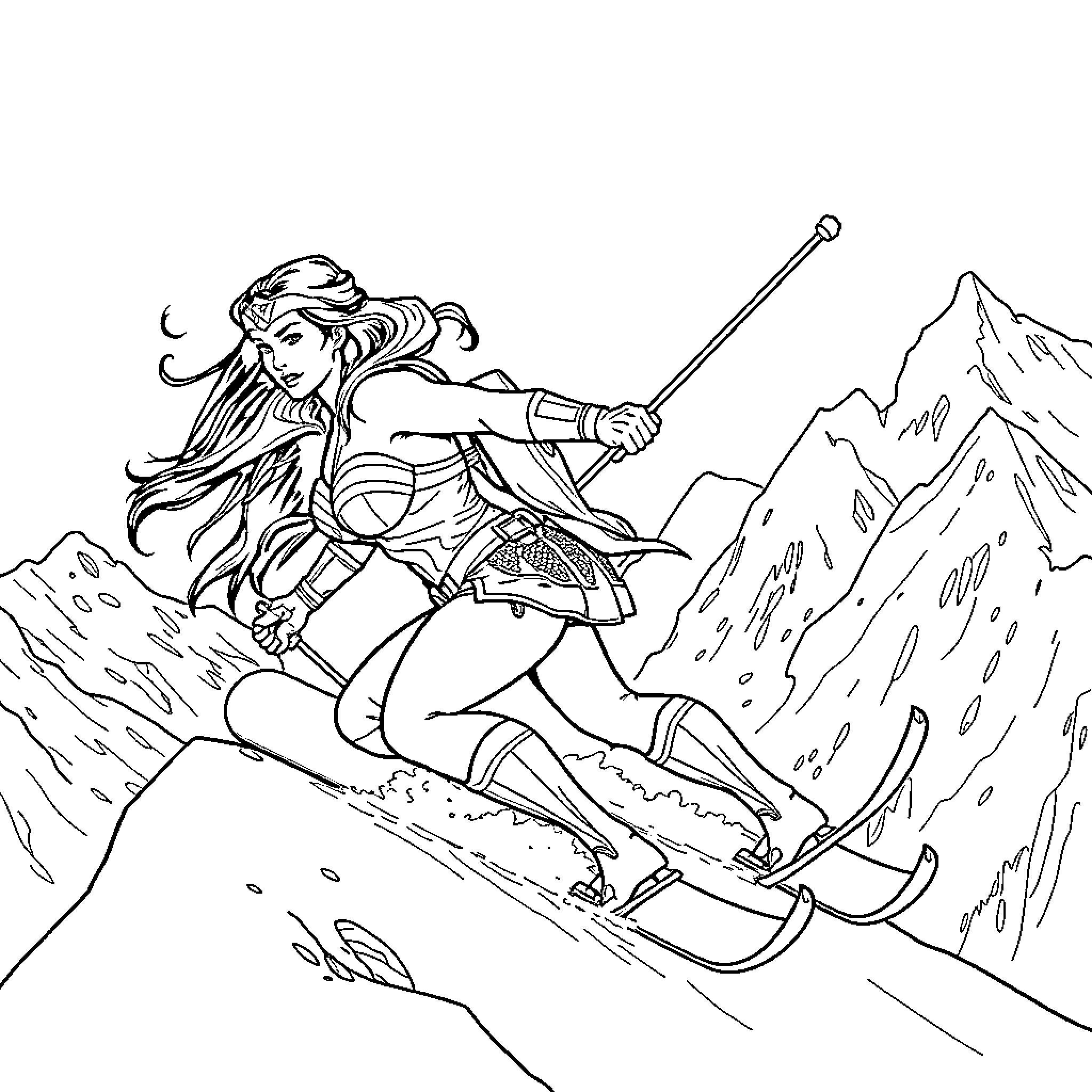 Wonder Woman heroically skiing down a snowy mountain Coloring Page (free black-and-white line drawing printable PDF for all, from beginners to advanced learners, including children, teens, adults, and seniors)