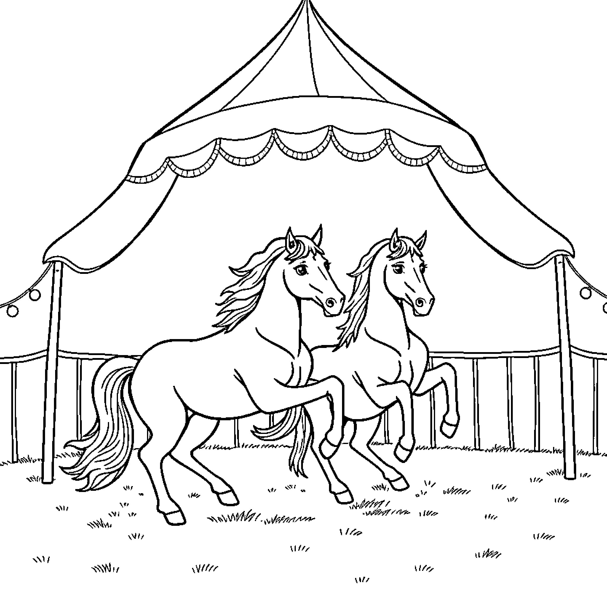 Horse carousel with two horses in festive attire Coloring Page (free black-and-white line drawing printable PDF for all, from beginners to advanced learners, including children, teens, adults, and seniors)