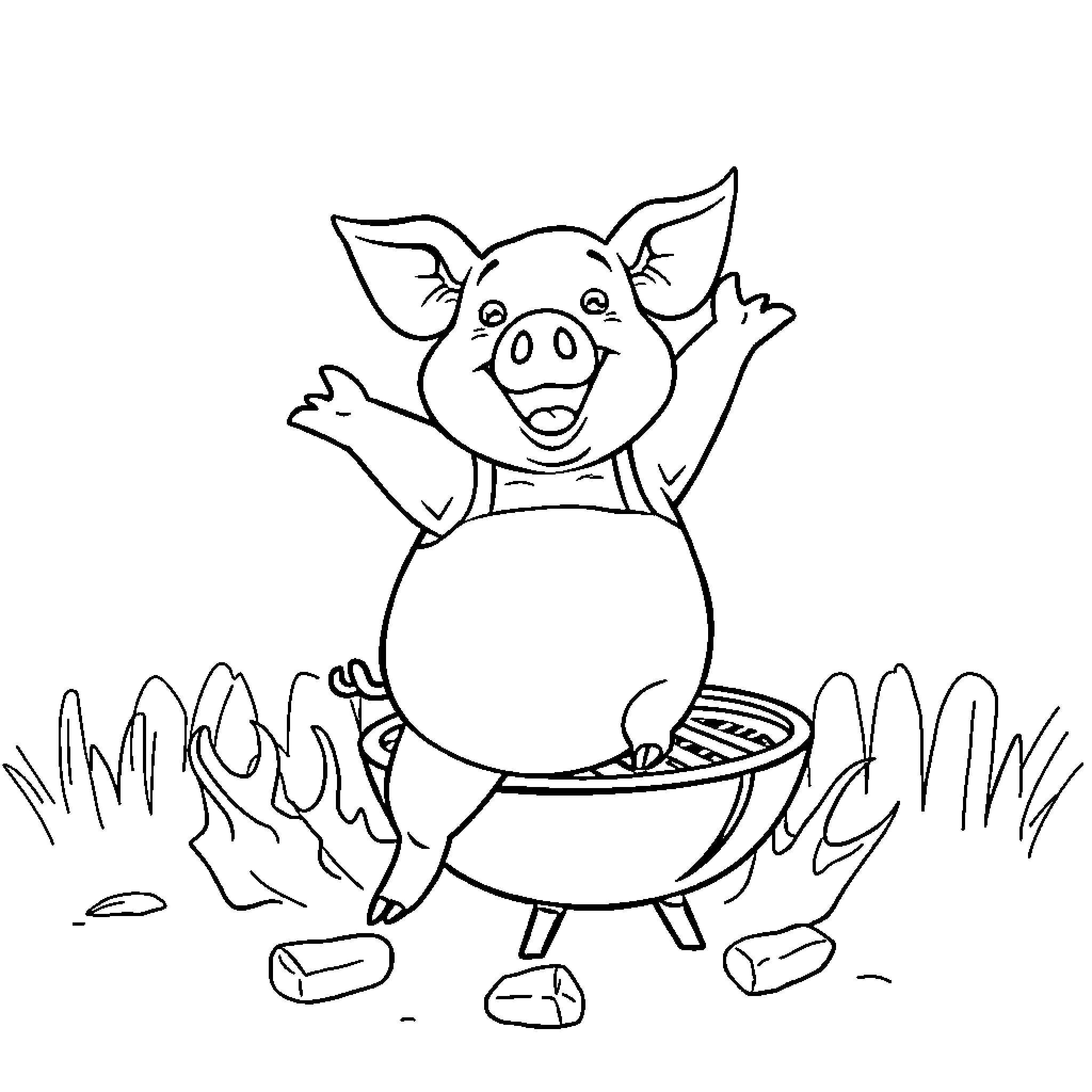 Pig happily grilling outdoors Coloring Page (free black-and-white line drawing printable PDF for all, from beginners to advanced learners, including children, teens, adults, and seniors)