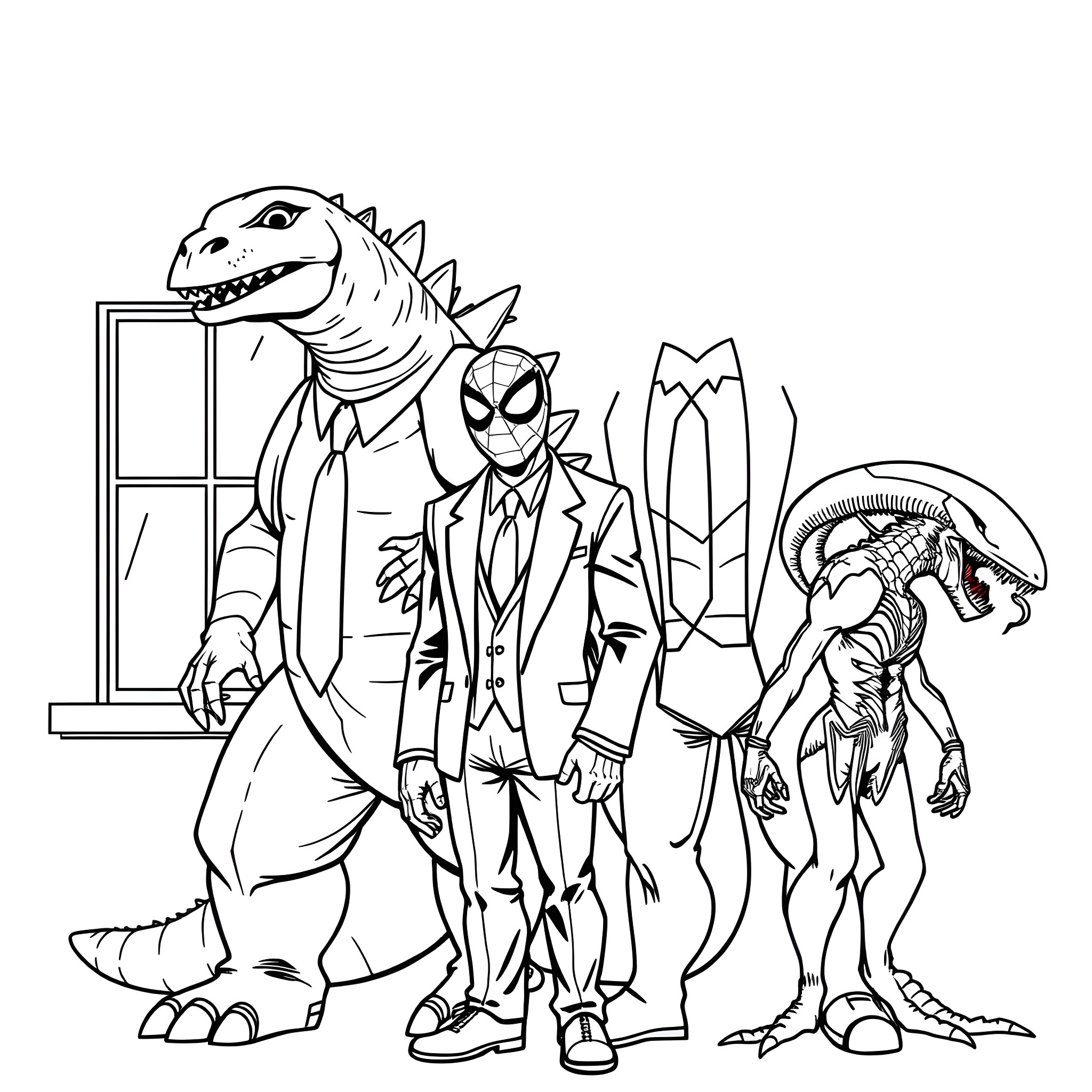 Godzilla and Friends in Action Coloring Page (free black-and-white line drawing printable PDF for all, from beginners to advanced learners, including children, teens, adults, and seniors)