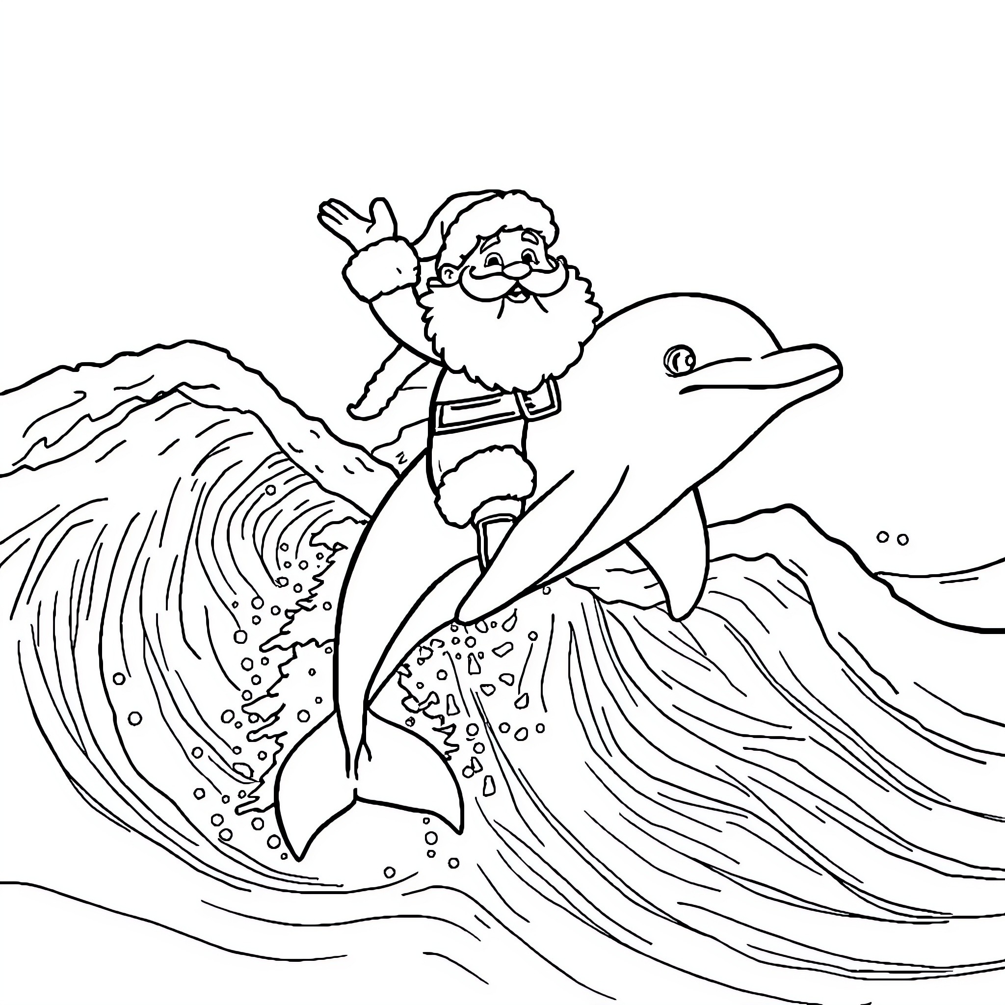 Santa riding on a dolphin through the waves Coloring Page (free black-and-white line drawing printable PDF for all, from beginners to advanced learners, including children, teens, adults, and seniors)