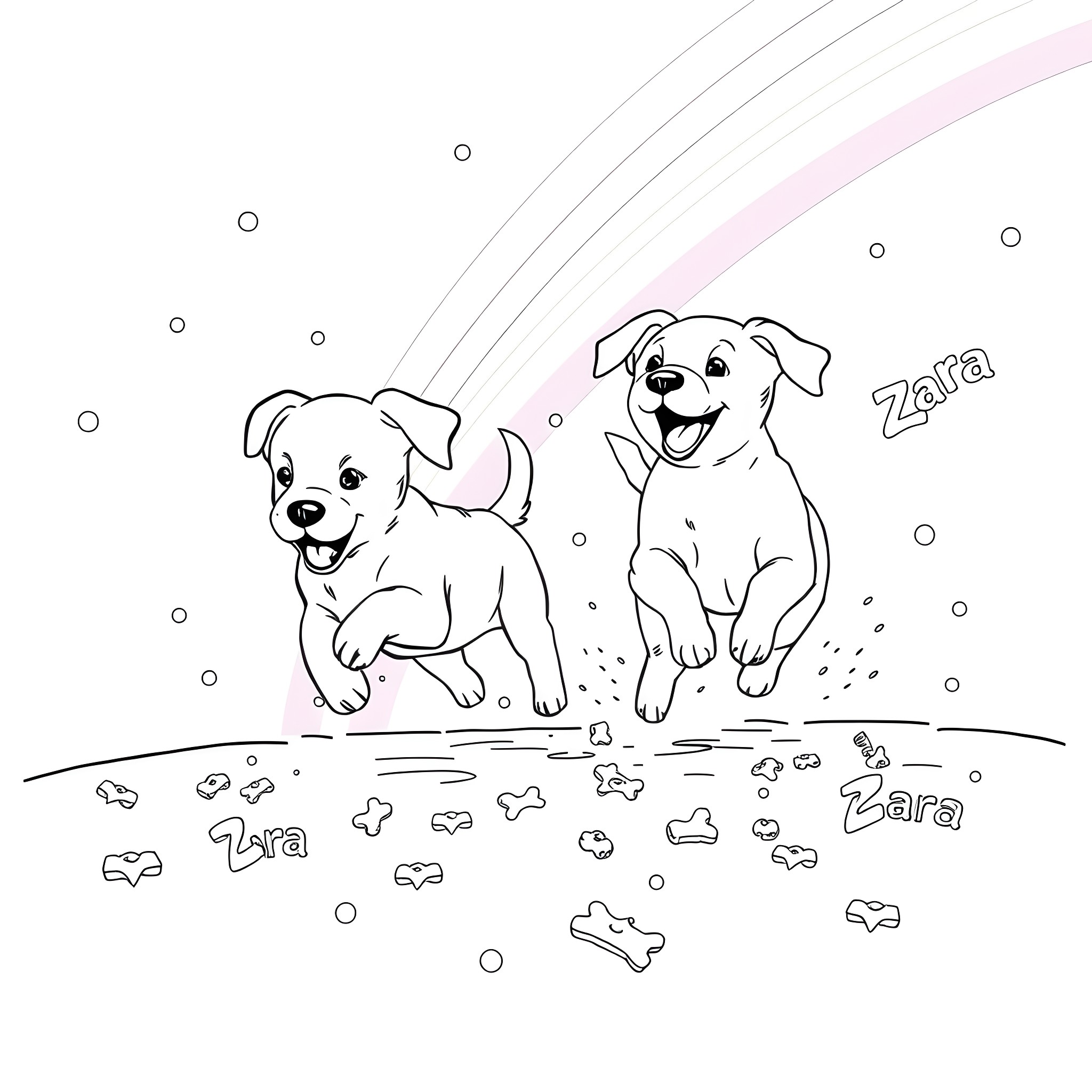 Puppy friends frolicking and playing Coloring Page (free black-and-white line drawing printable PDF for all, from beginners to advanced learners, including children, teens, adults, and seniors)