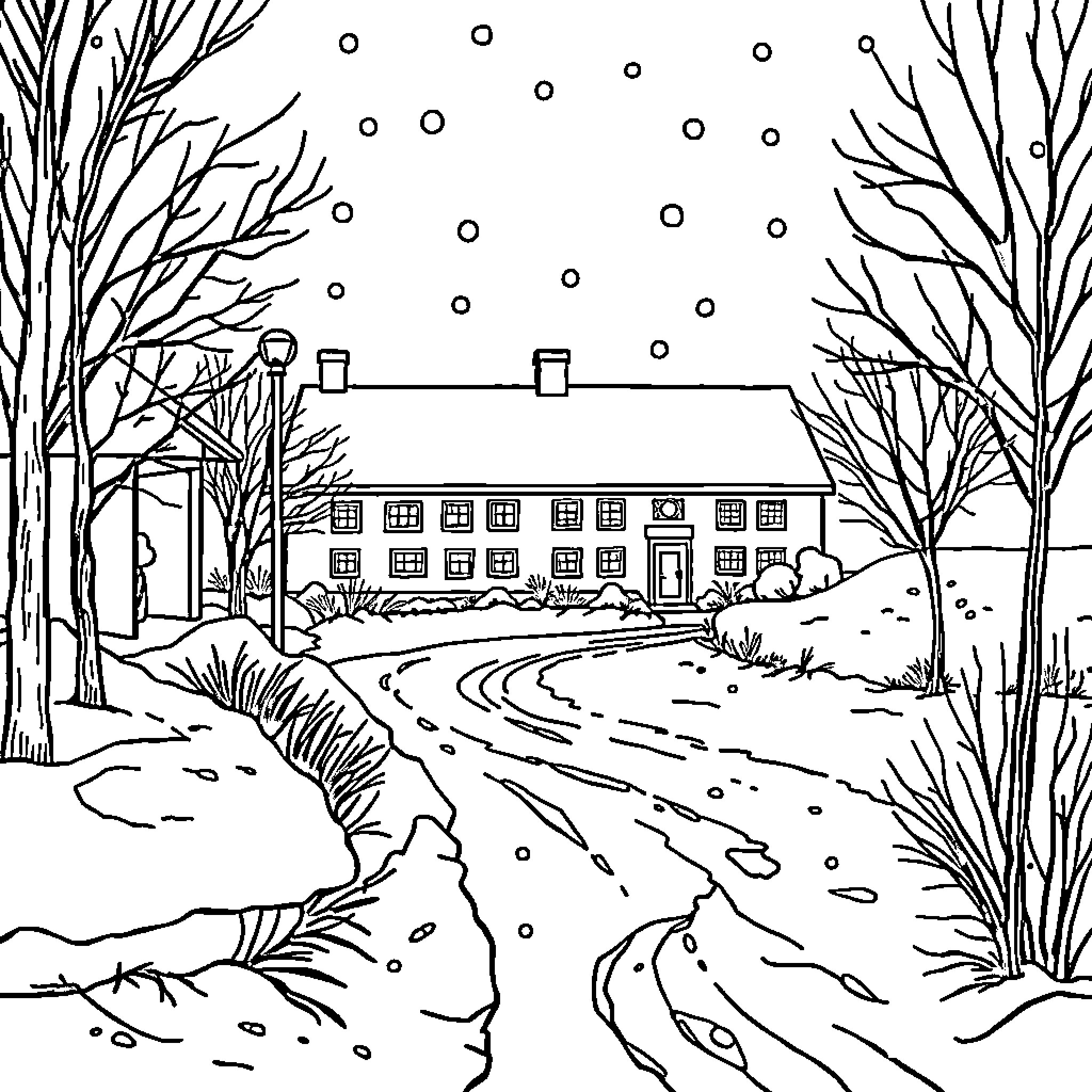 Winter Wonderland Landscape with Snowy Path Coloring Page (free black-and-white line drawing printable PDF for all, from beginners to advanced learners, including children, teens, adults, and seniors)