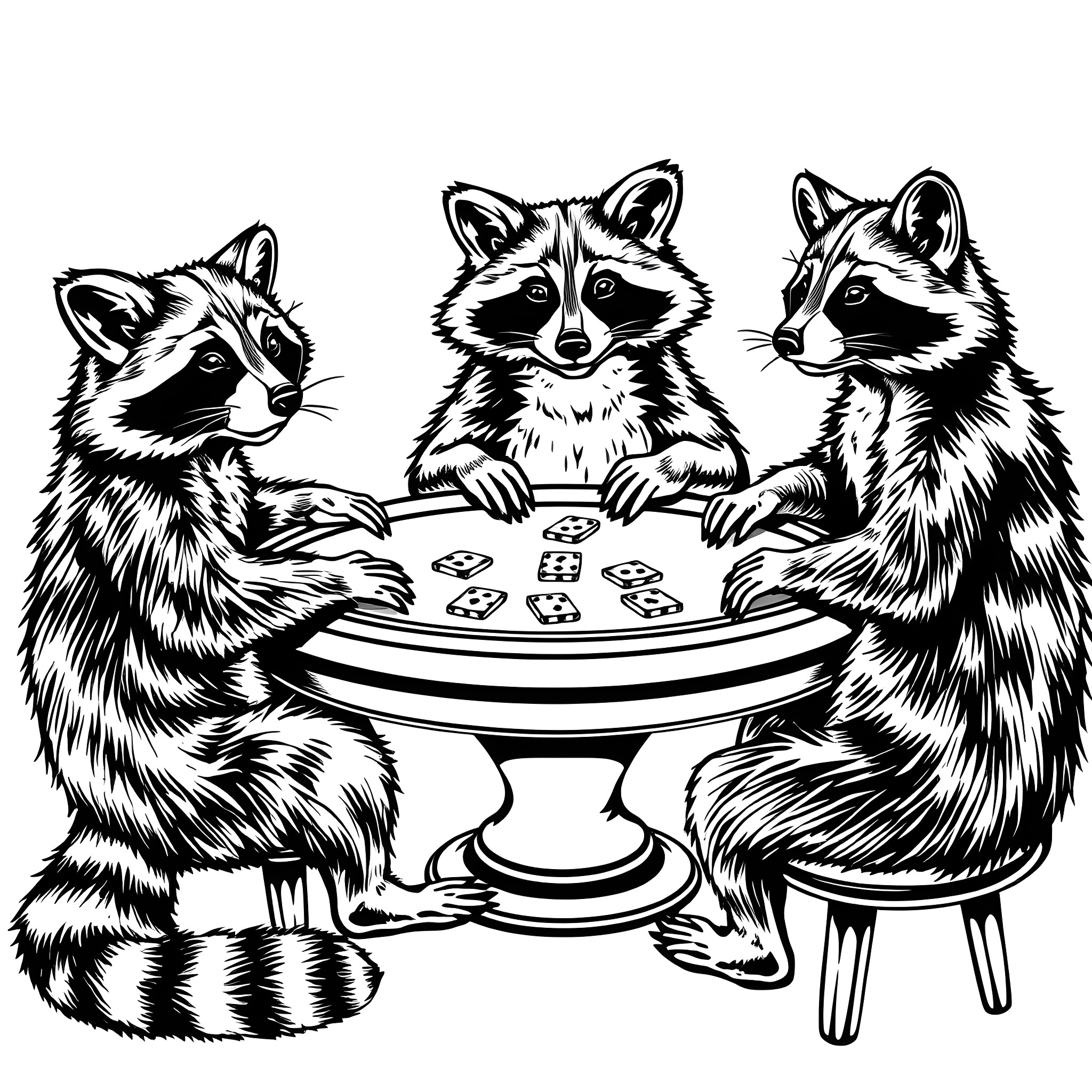 Raccoons playing dice game around table Coloring Page (free black-and-white line drawing printable PDF for all, from beginners to advanced learners, including children, teens, adults, and seniors)