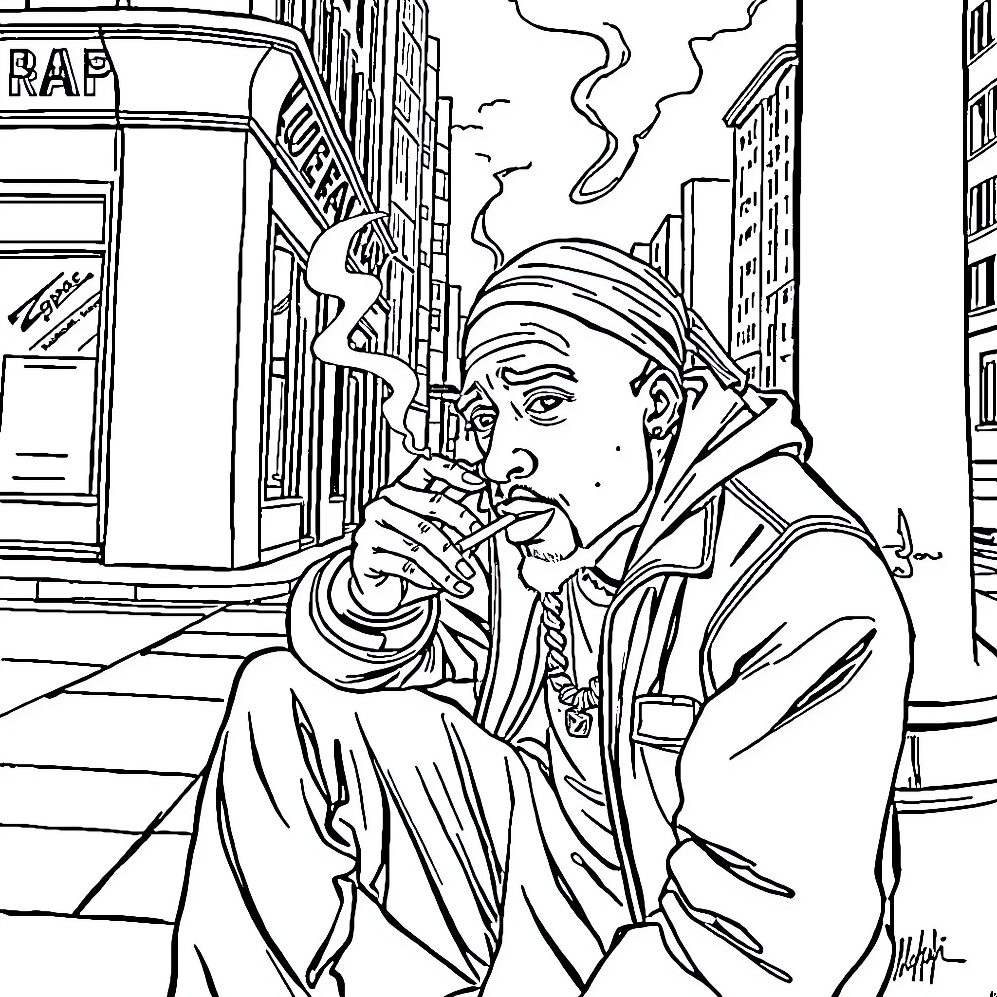 2pac contemplating in the city street Coloring Page (free black-and-white line drawing printable PDF for all, from beginners to advanced learners, including children, teens, adults, and seniors)