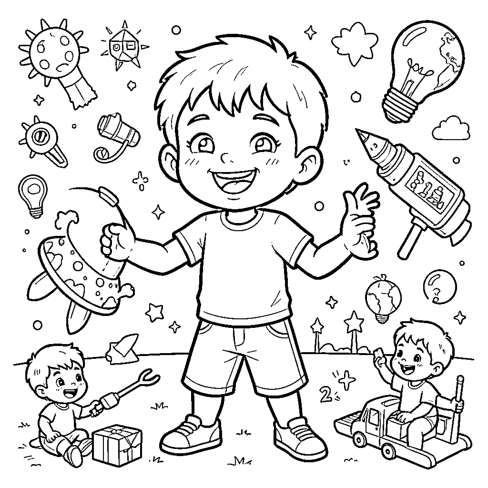 Niño's Creative Imagination Adventure Coloring Page (free black-and-white line drawing printable PDF for all, from beginners to advanced learners, including children, teens, adults, and seniors)