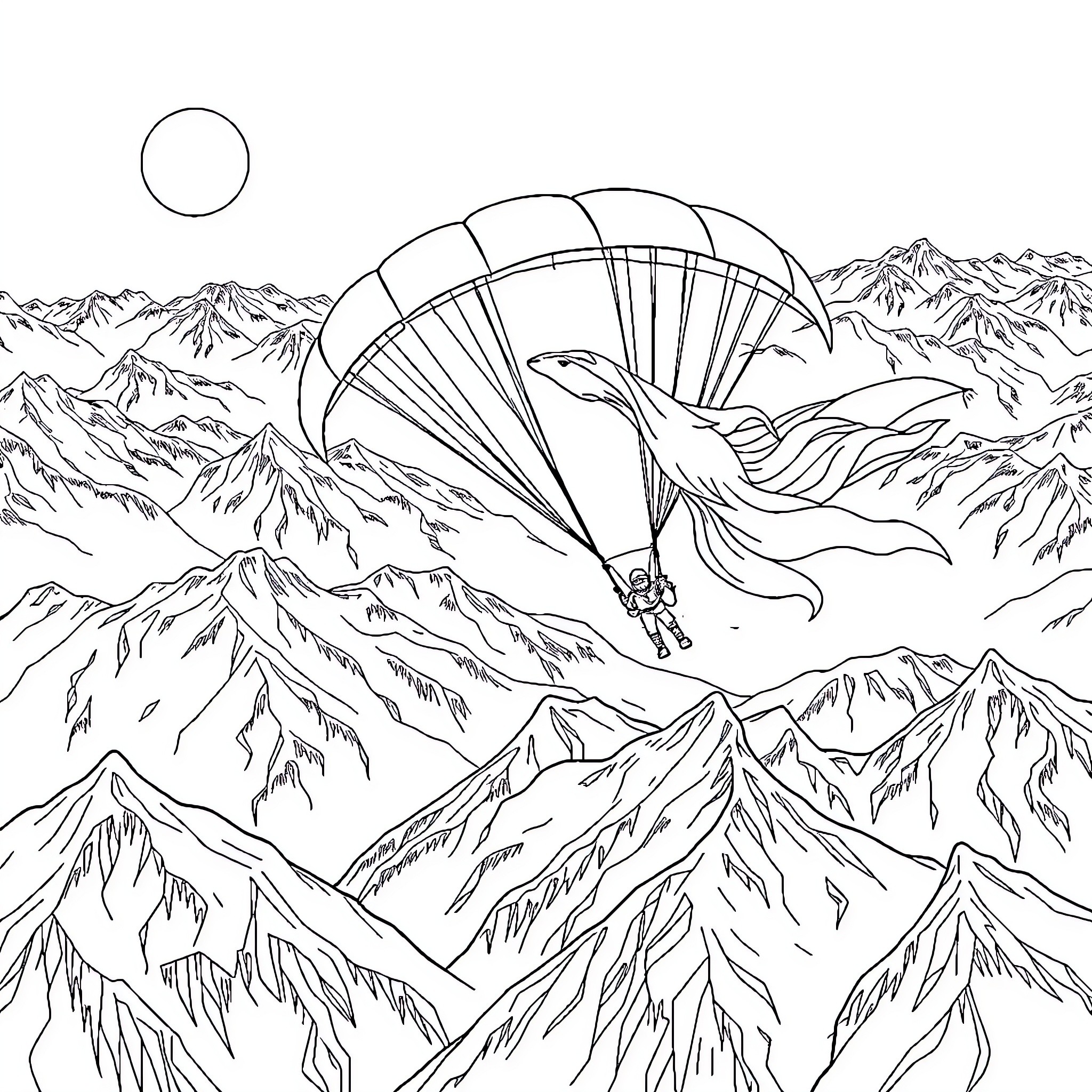 Queen Soaring Through the Majestic Mountains Coloring Page (free black-and-white line drawing printable PDF for all, from beginners to advanced learners, including children, teens, adults, and seniors)