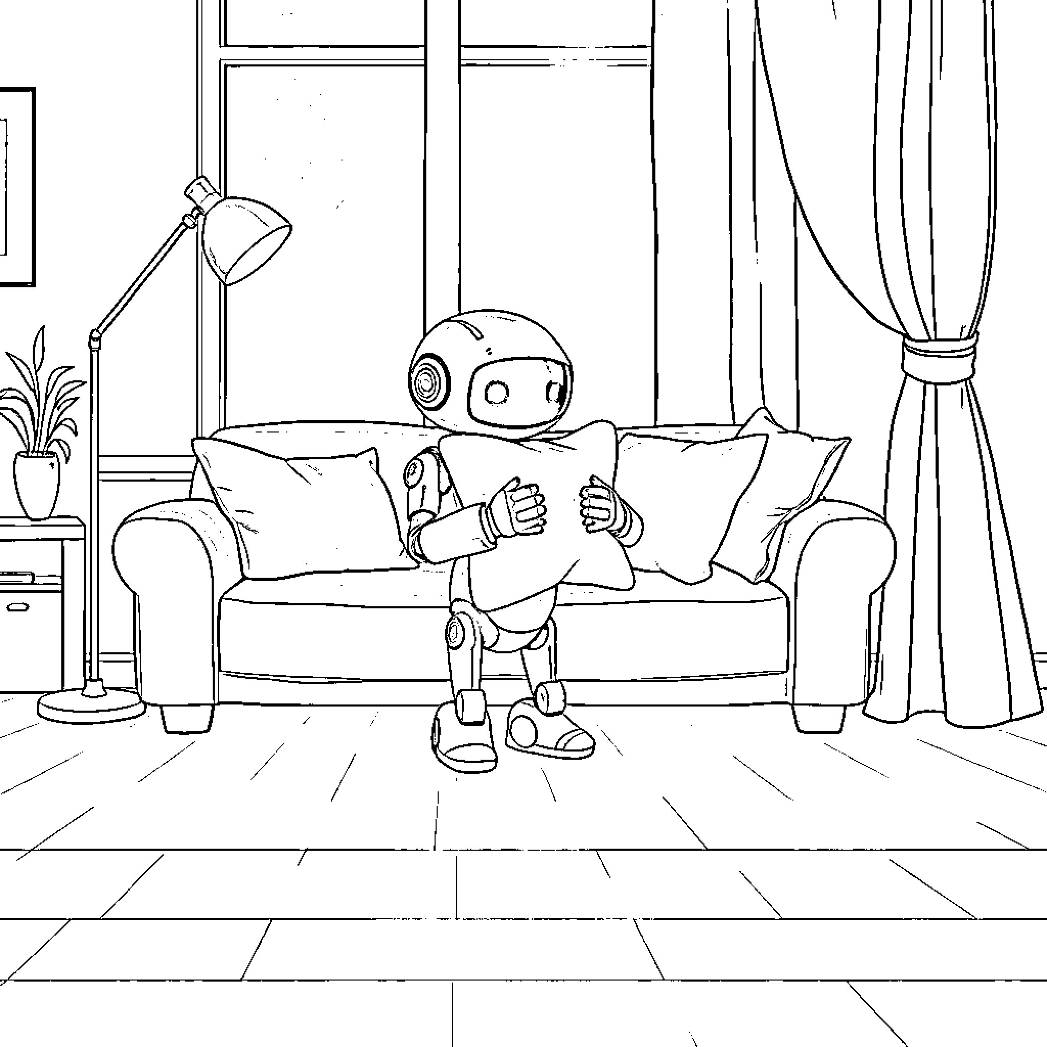 Robot relaxing on the couch in a room Coloring Page (free black-and-white line drawing printable PDF for all, from beginners to advanced learners, including children, teens, adults, and seniors)