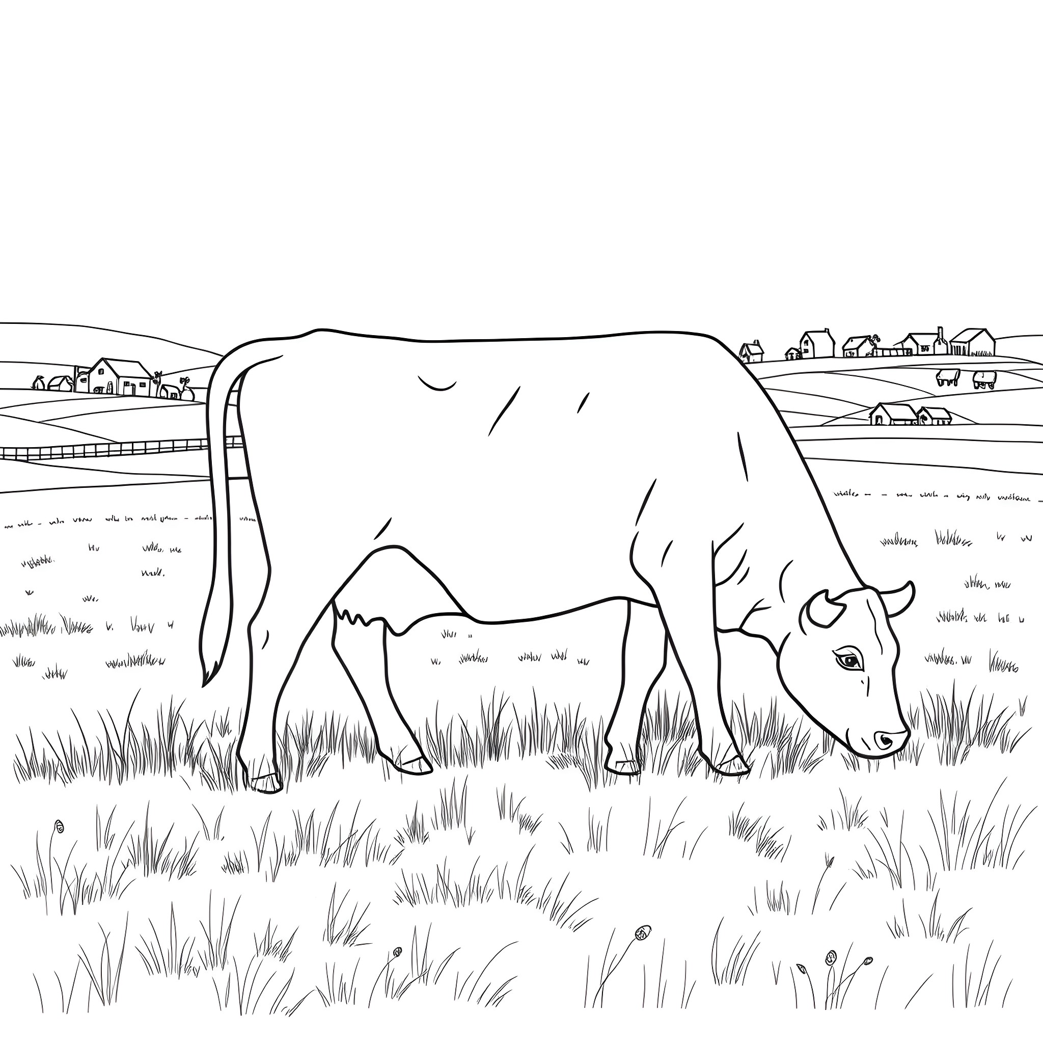 Cow grazing peacefully in a rural landscape Coloring Page (free black-and-white line drawing printable PDF for all, from beginners to advanced learners, including children, teens, adults, and seniors)