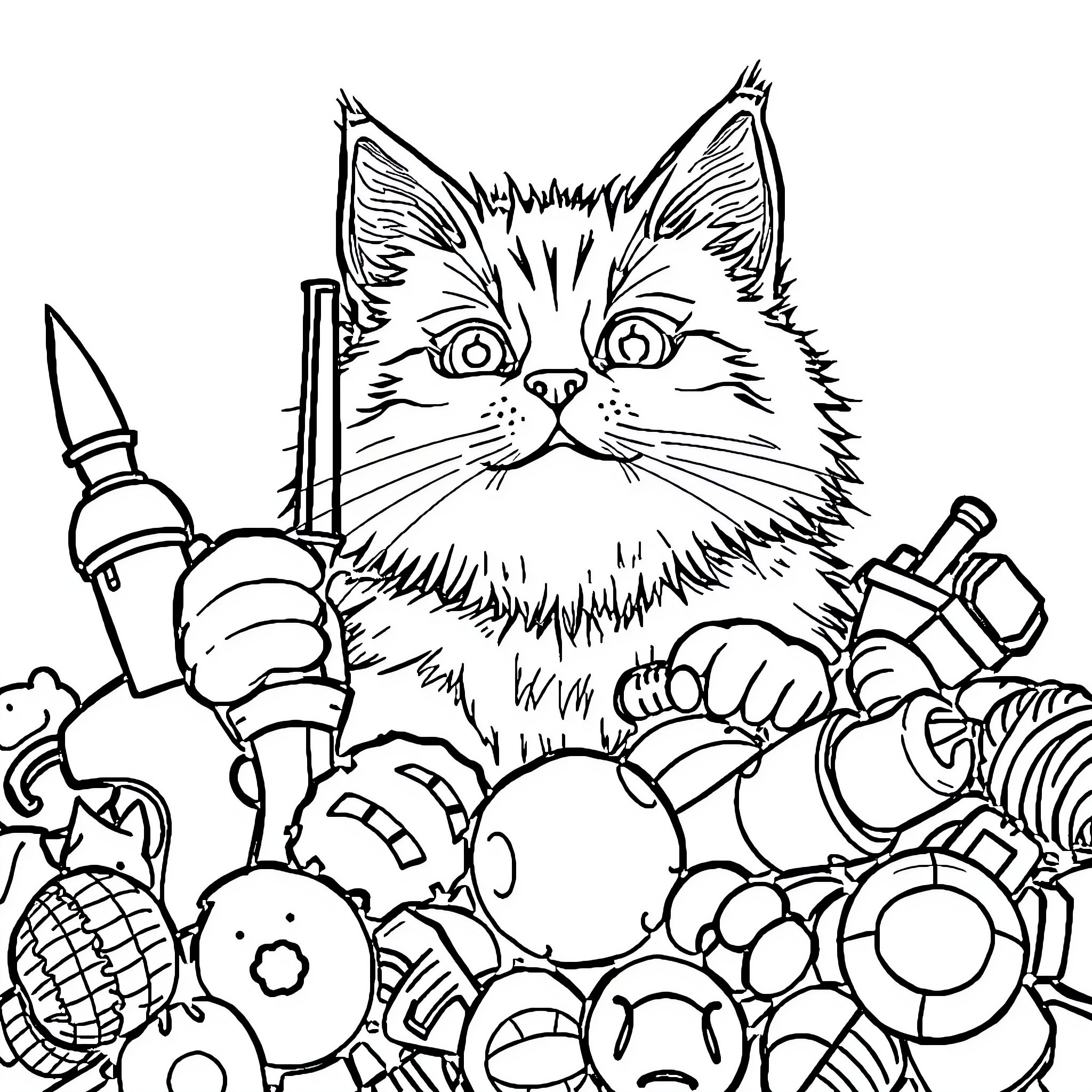 Cat surrounded by assorted objects Coloring Page (free black-and-white line drawing printable PDF for all, from beginners to advanced learners, including children, teens, adults, and seniors)
