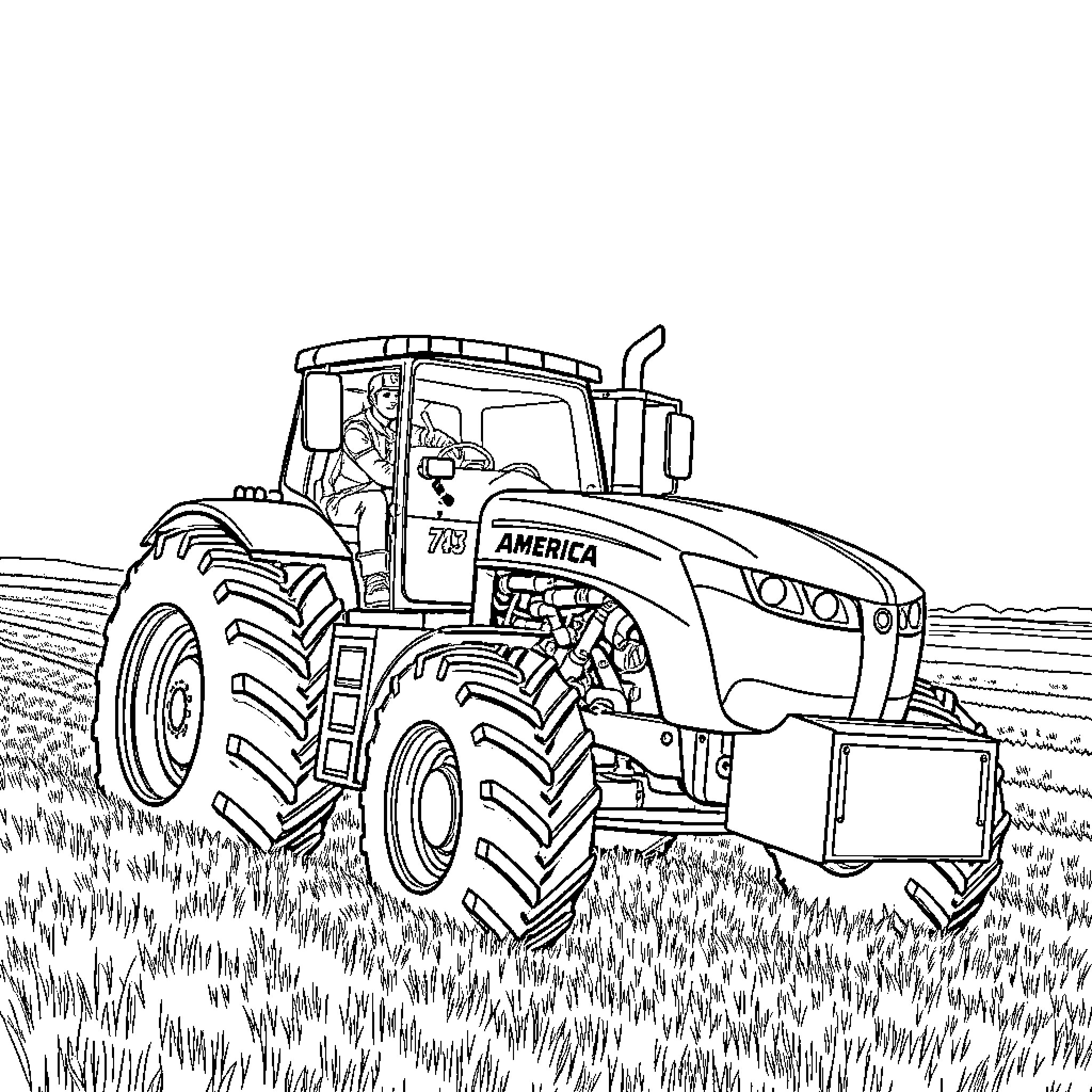Captain America operating a large agricultural tractor in the field Coloring Page (free black-and-white line drawing printable PDF for all, from beginners to advanced learners, including children, teens, adults, and seniors)