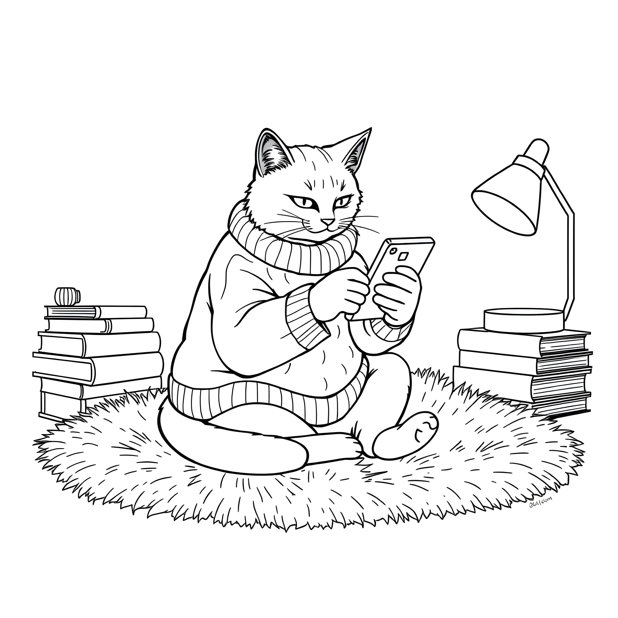Cat relaxing and using smartphone on cozy rug Coloring Page (free black-and-white line drawing printable PDF for all, from beginners to advanced learners, including children, teens, adults, and seniors)